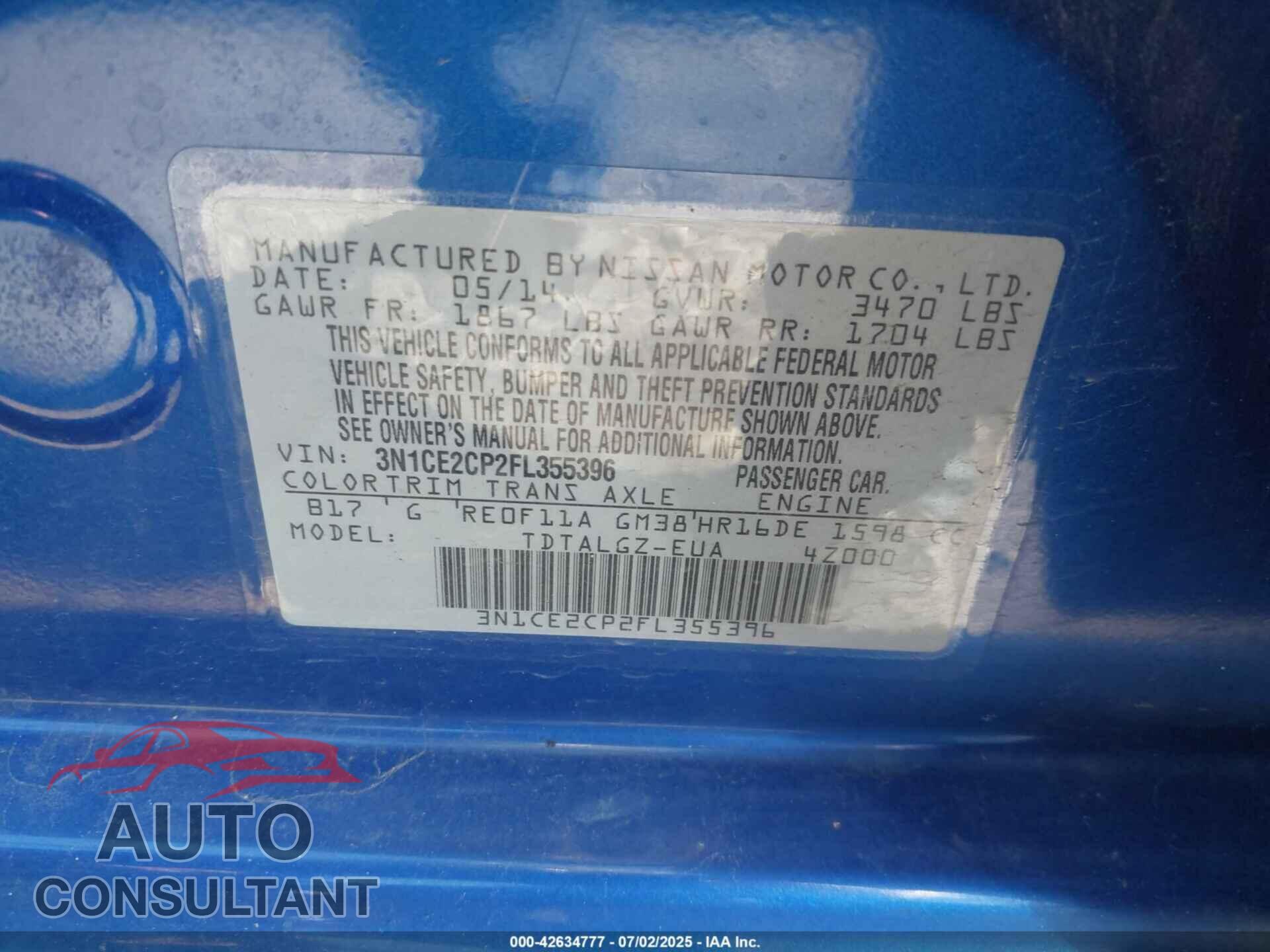 NISSAN VERSA NOTE 2015 - 3N1CE2CP2FL355396