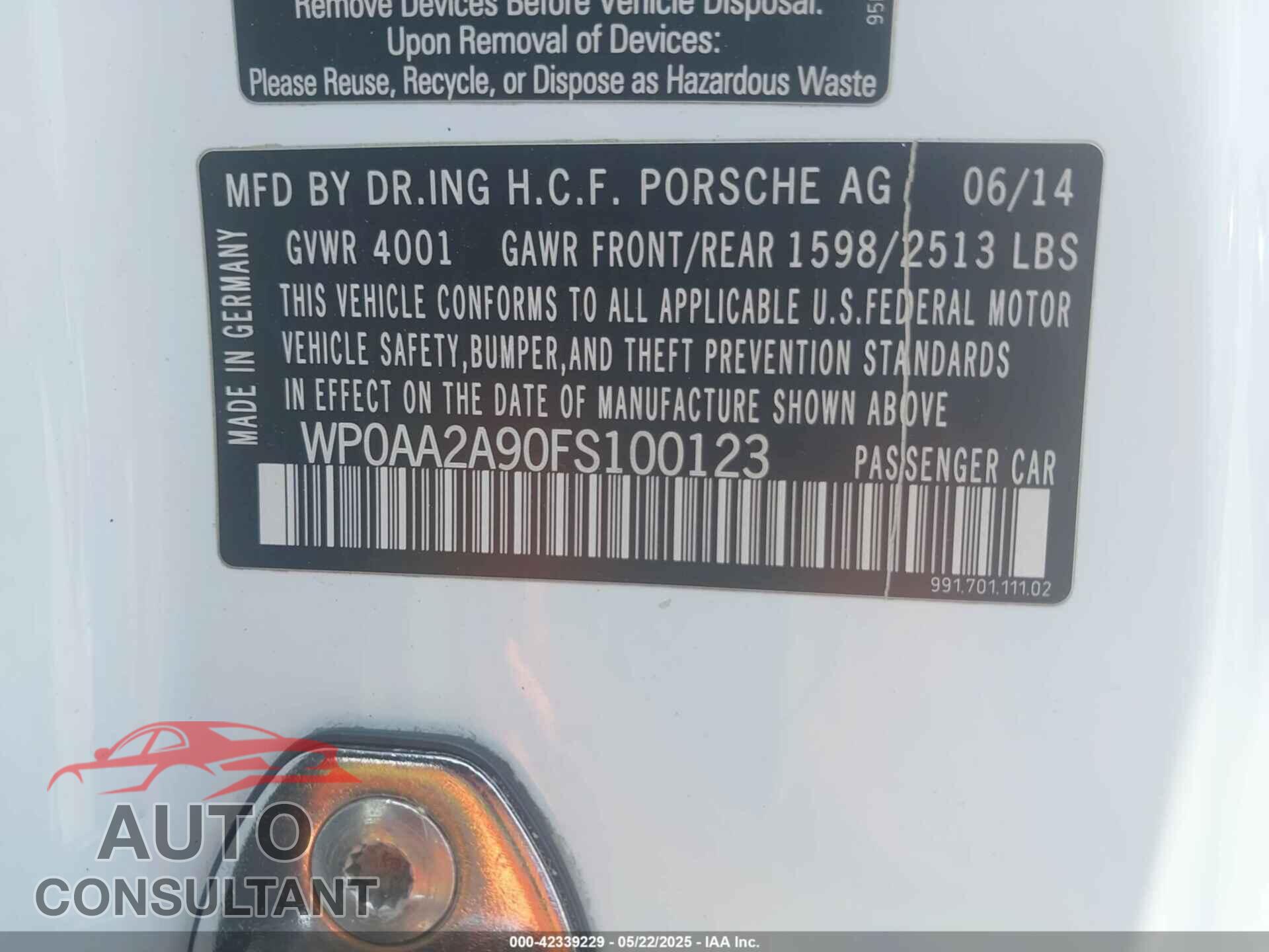 PORSCHE 911 2015 - WP0AA2A90FS100123