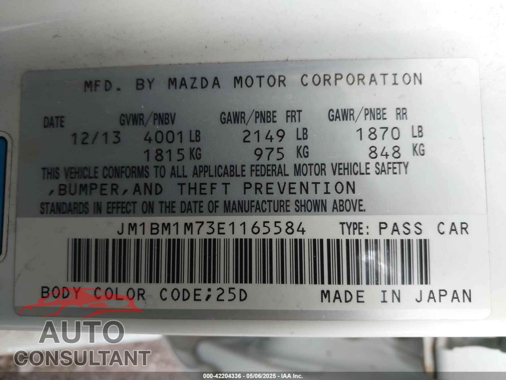 MAZDA MAZDA3 2014 - JM1BM1M73E1165584