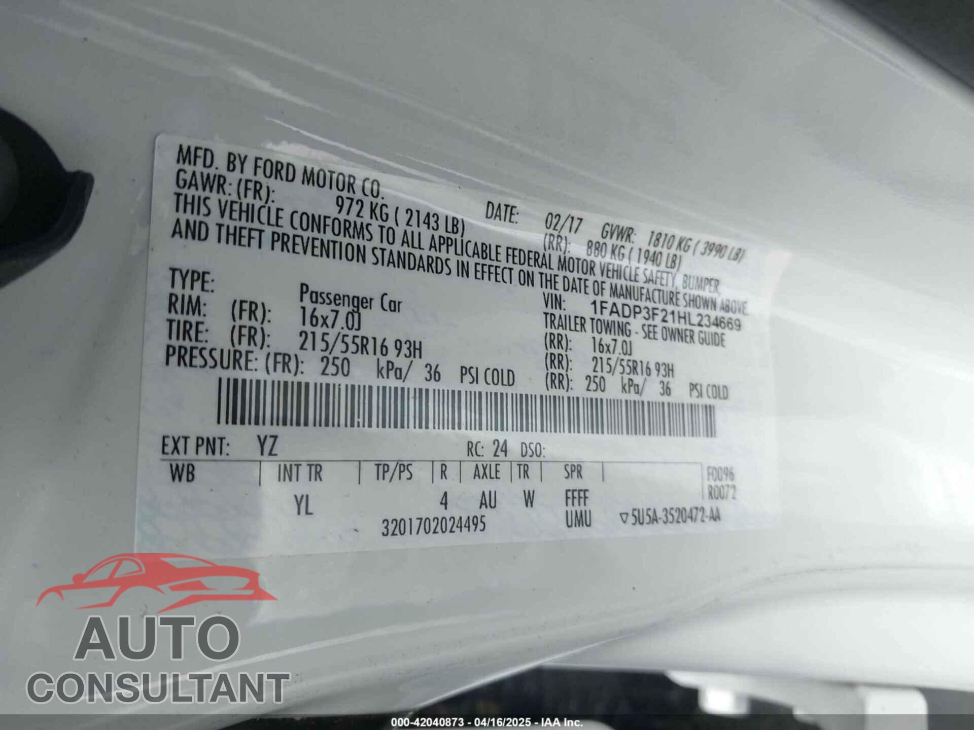 FORD FOCUS 2017 - 1FADP3F21HL234669