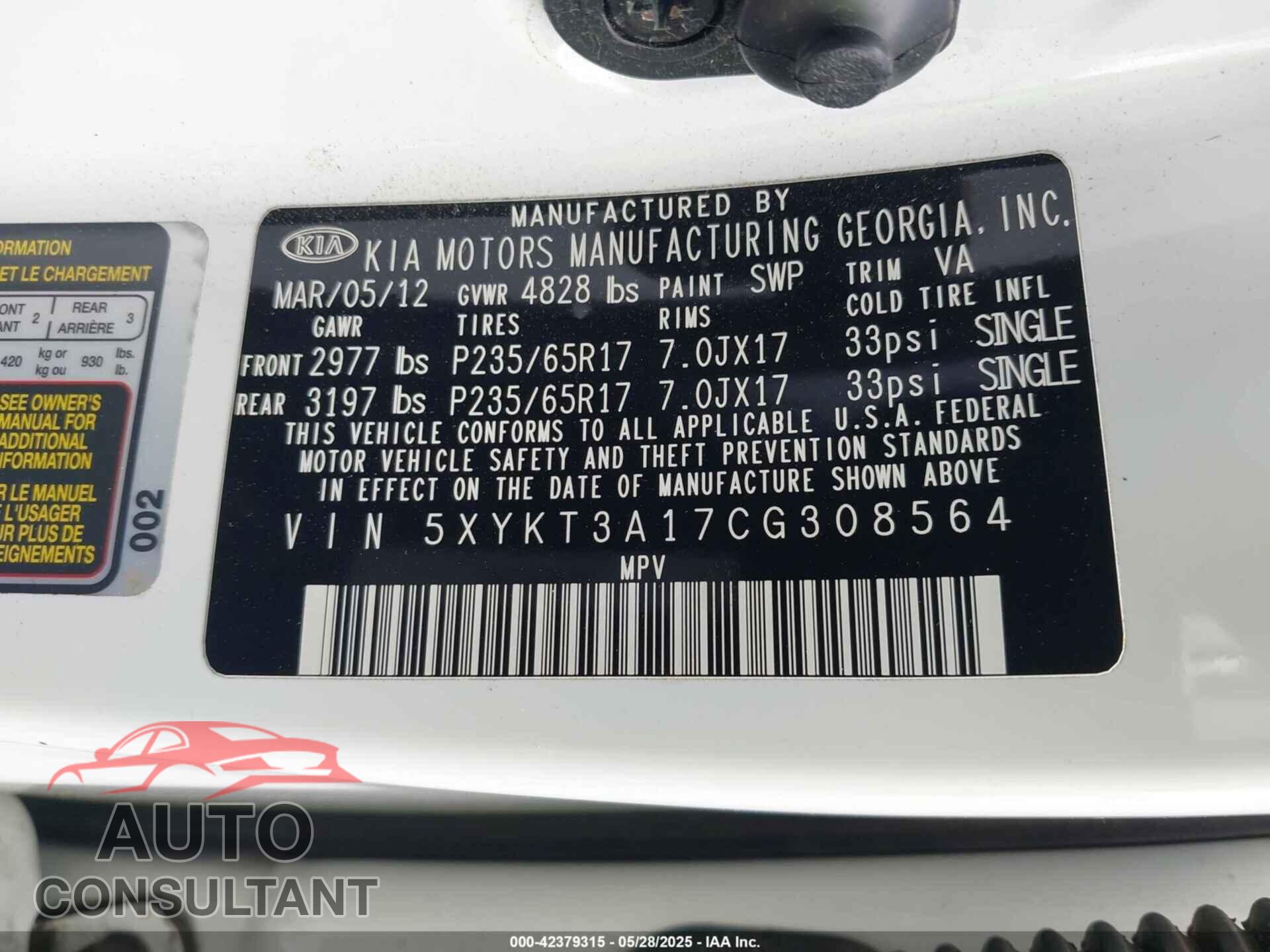 KIA SORENTO 2012 - 5XYKT3A17CG308564