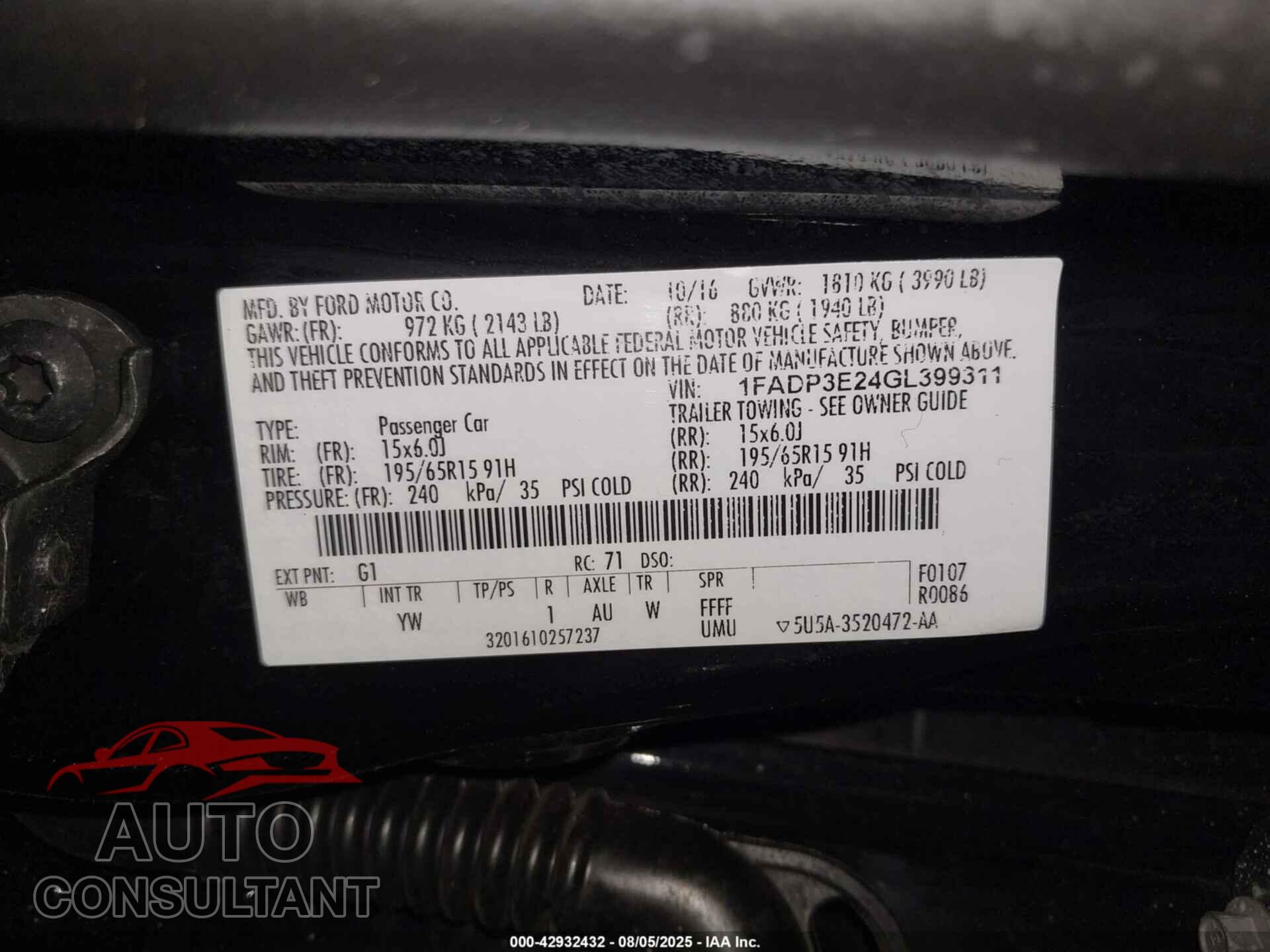 FORD FOCUS 2016 - 1FADP3E24GL399311