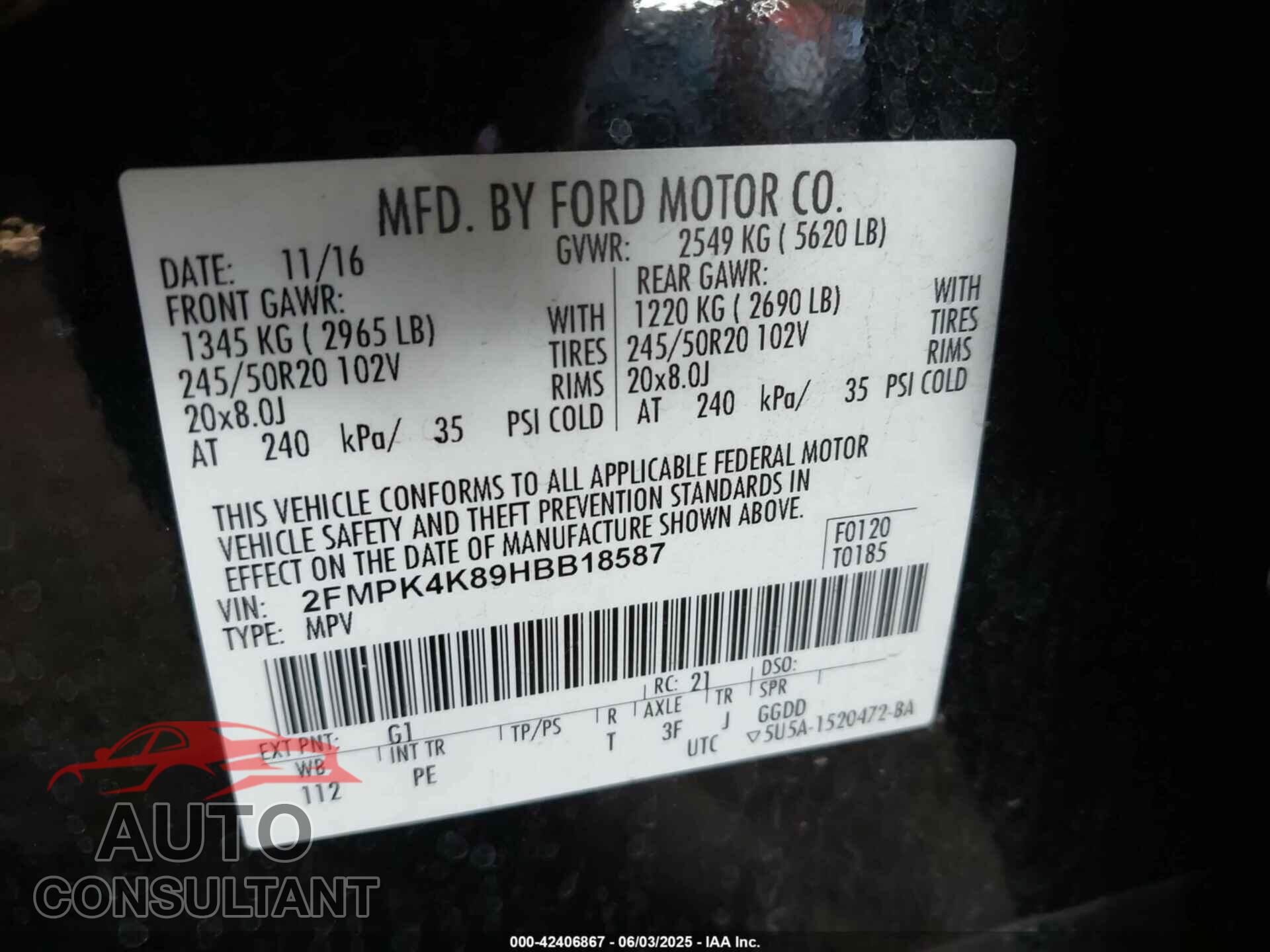 FORD EDGE 2017 - 2FMPK4K89HBB18587