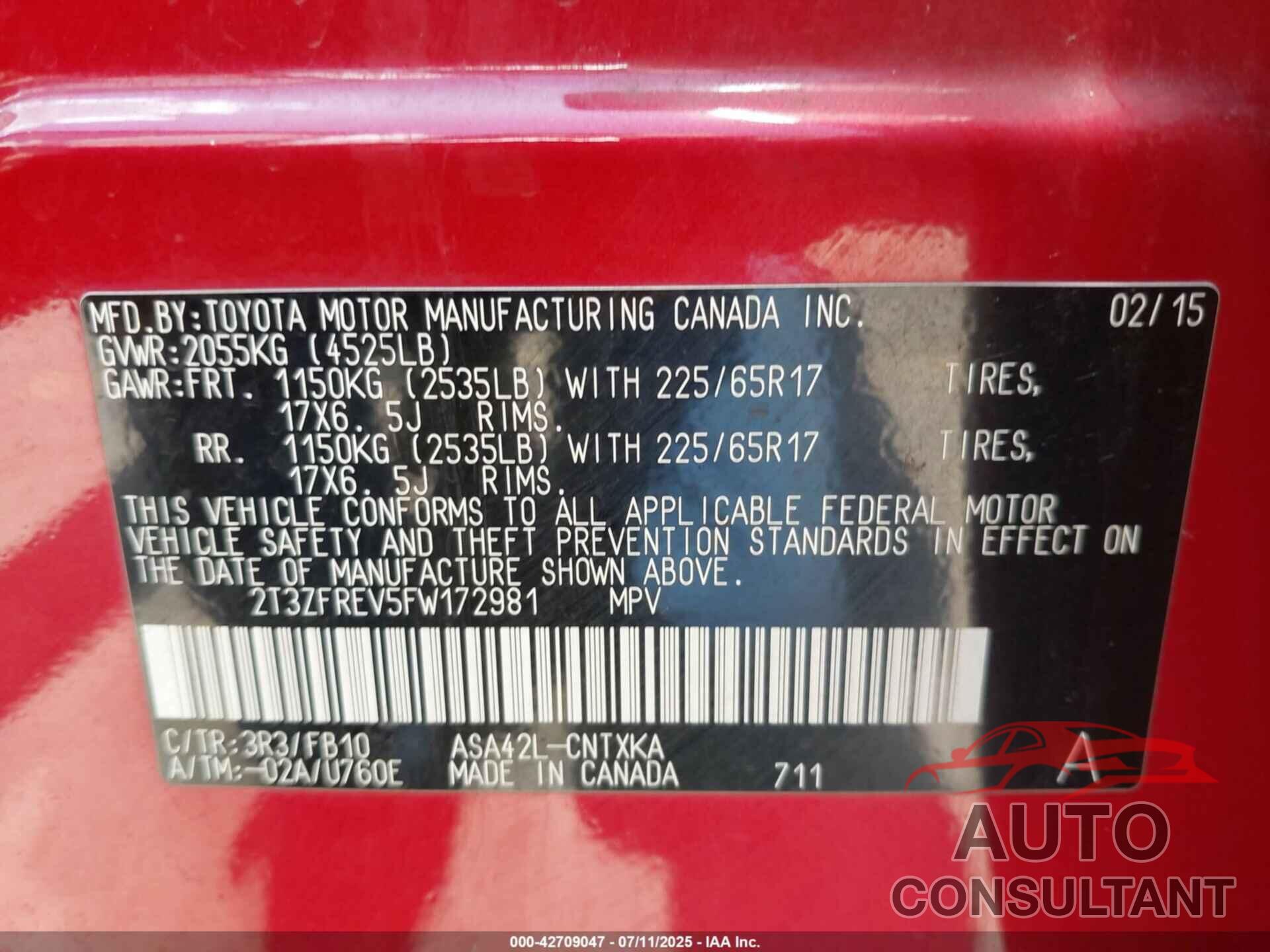 TOYOTA RAV4 2015 - 2T3ZFREV5FW172981