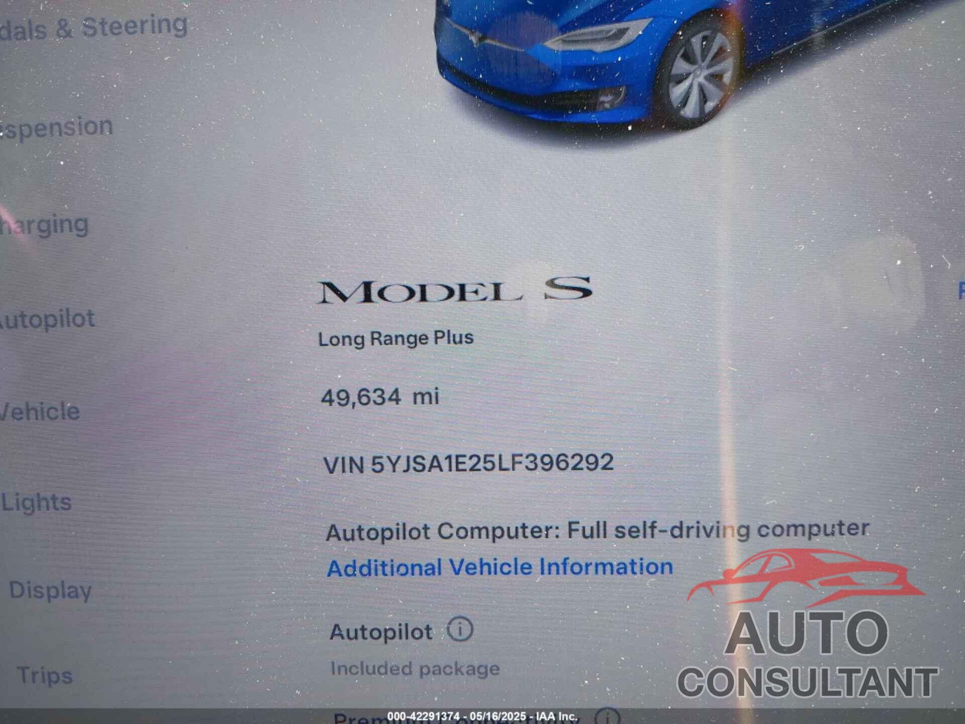 TESLA MODEL S 2020 - 5YJSA1E25LF396292