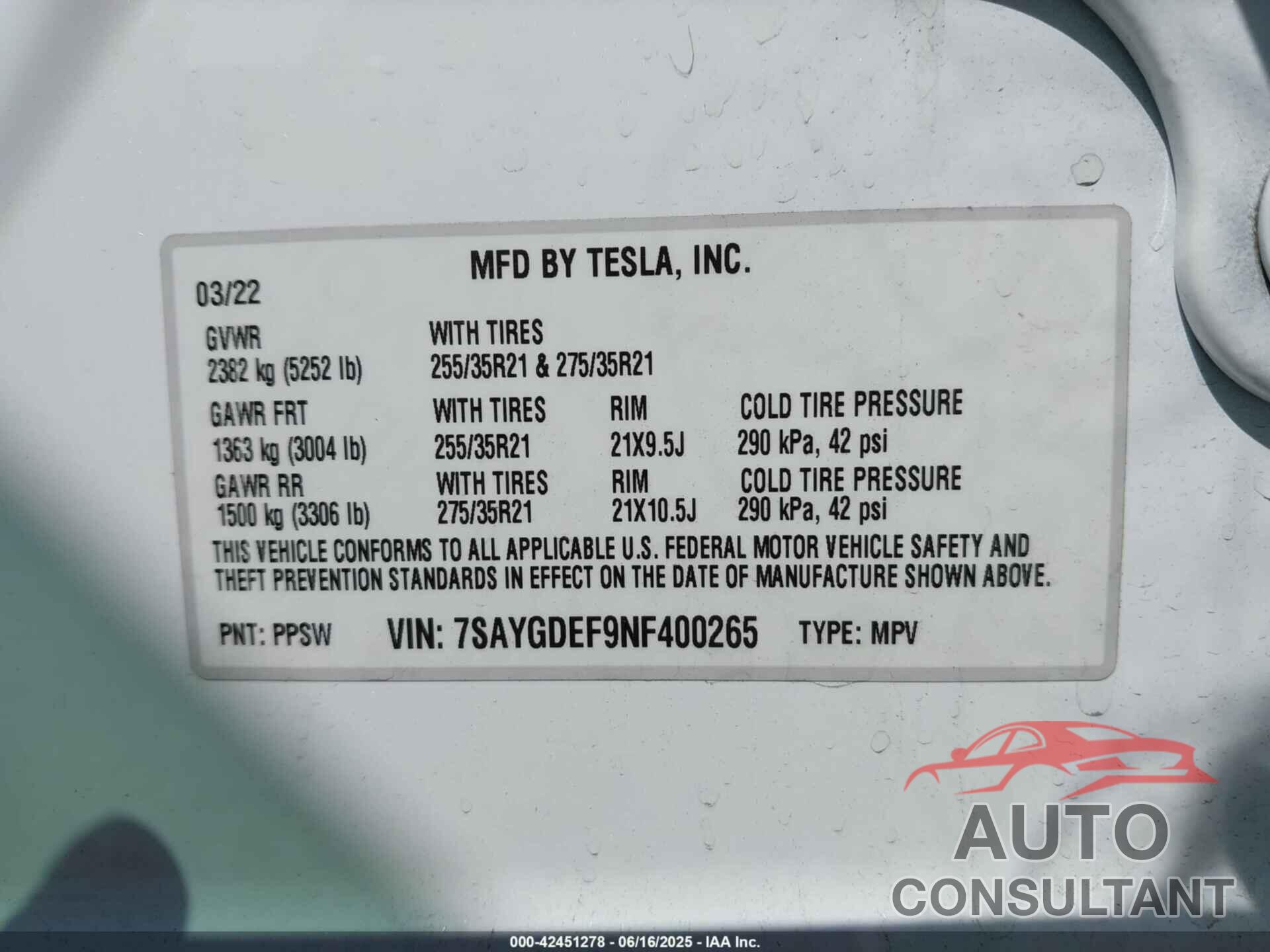 TESLA MODEL Y 2022 - 7SAYGDEF9NF400265