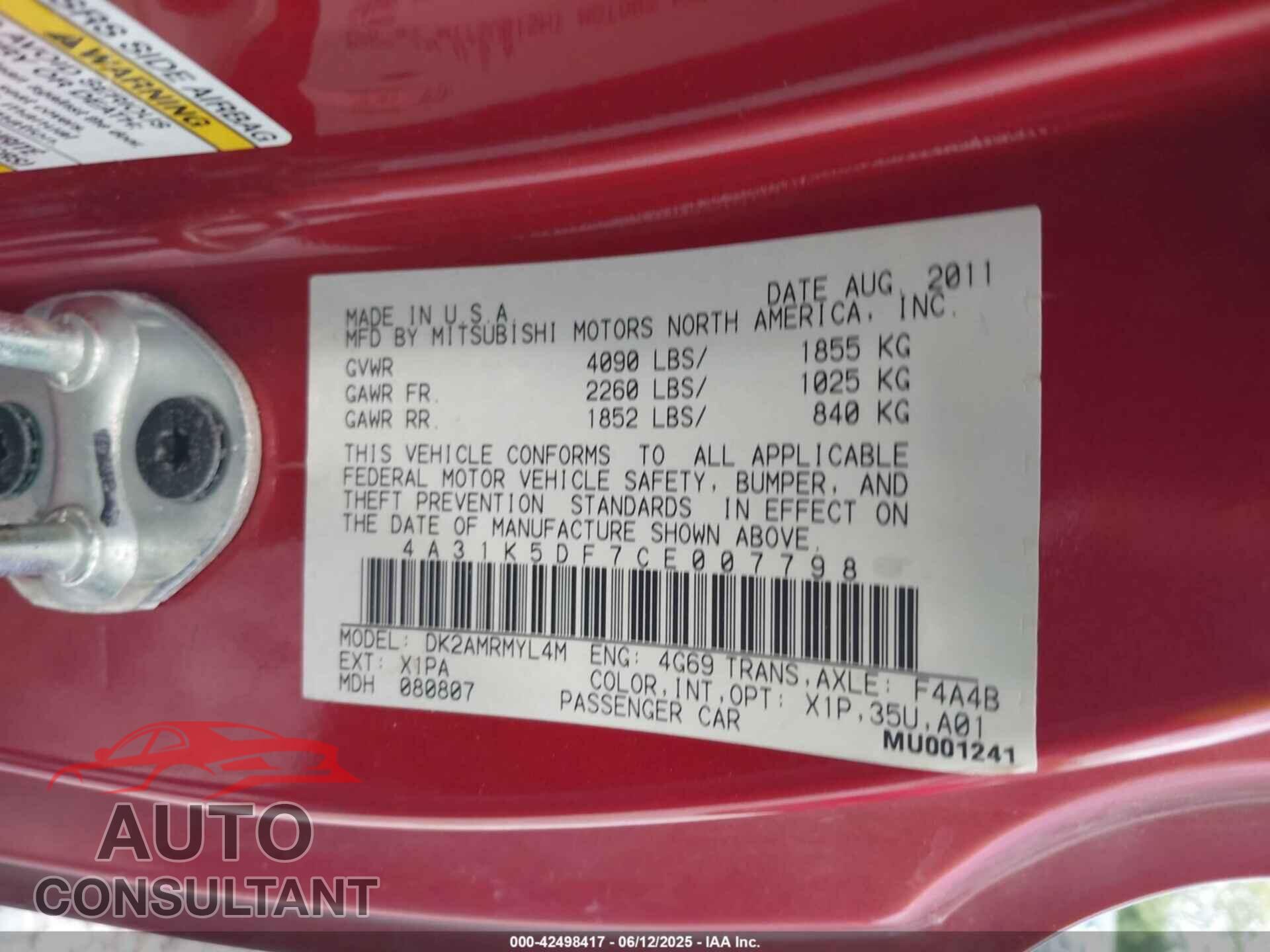 MITSUBISHI ECLIPSE 2012 - 4A31K5DF7CE007798