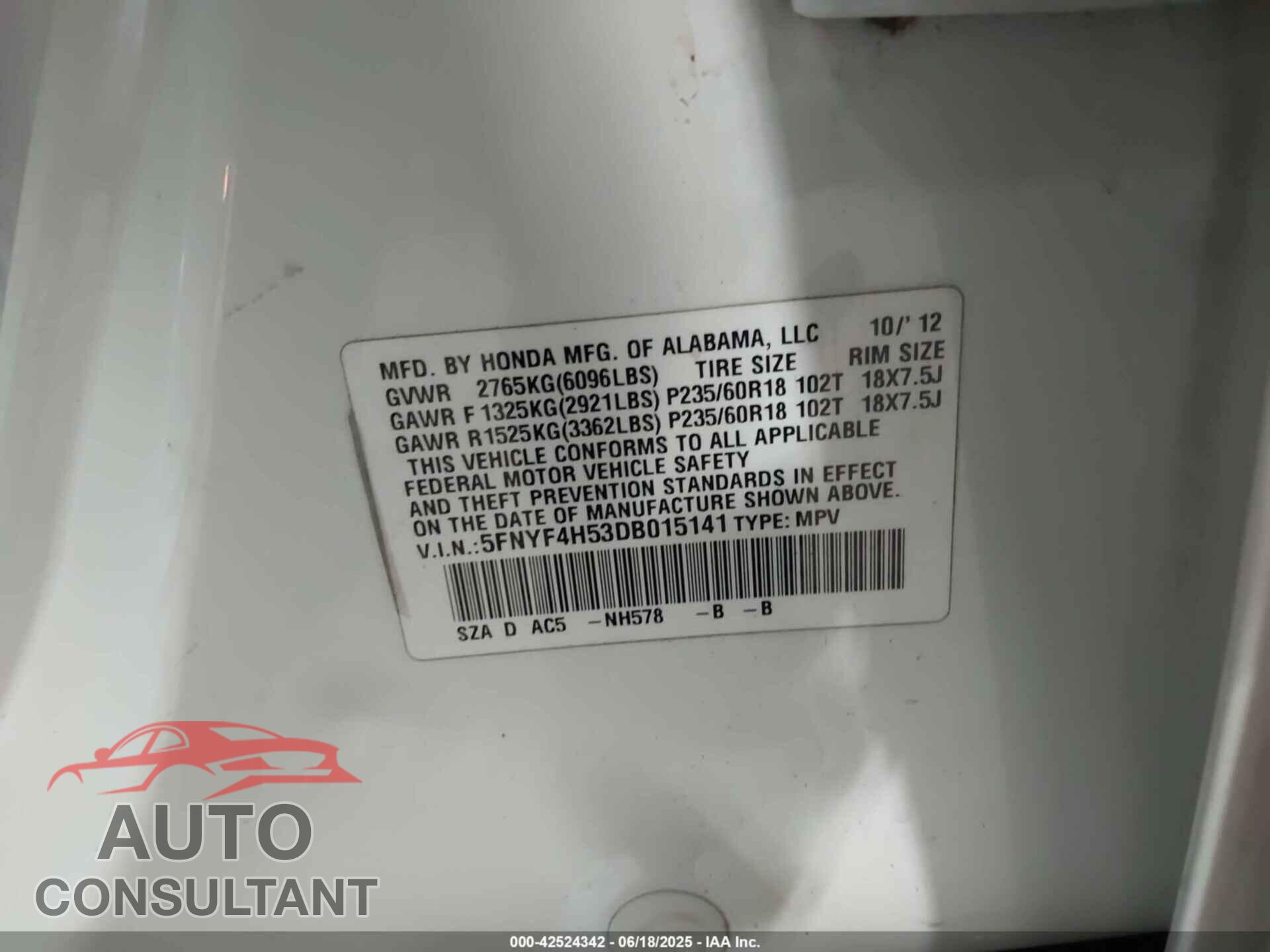 HONDA PILOT 2013 - 5FNYF4H53DB015141