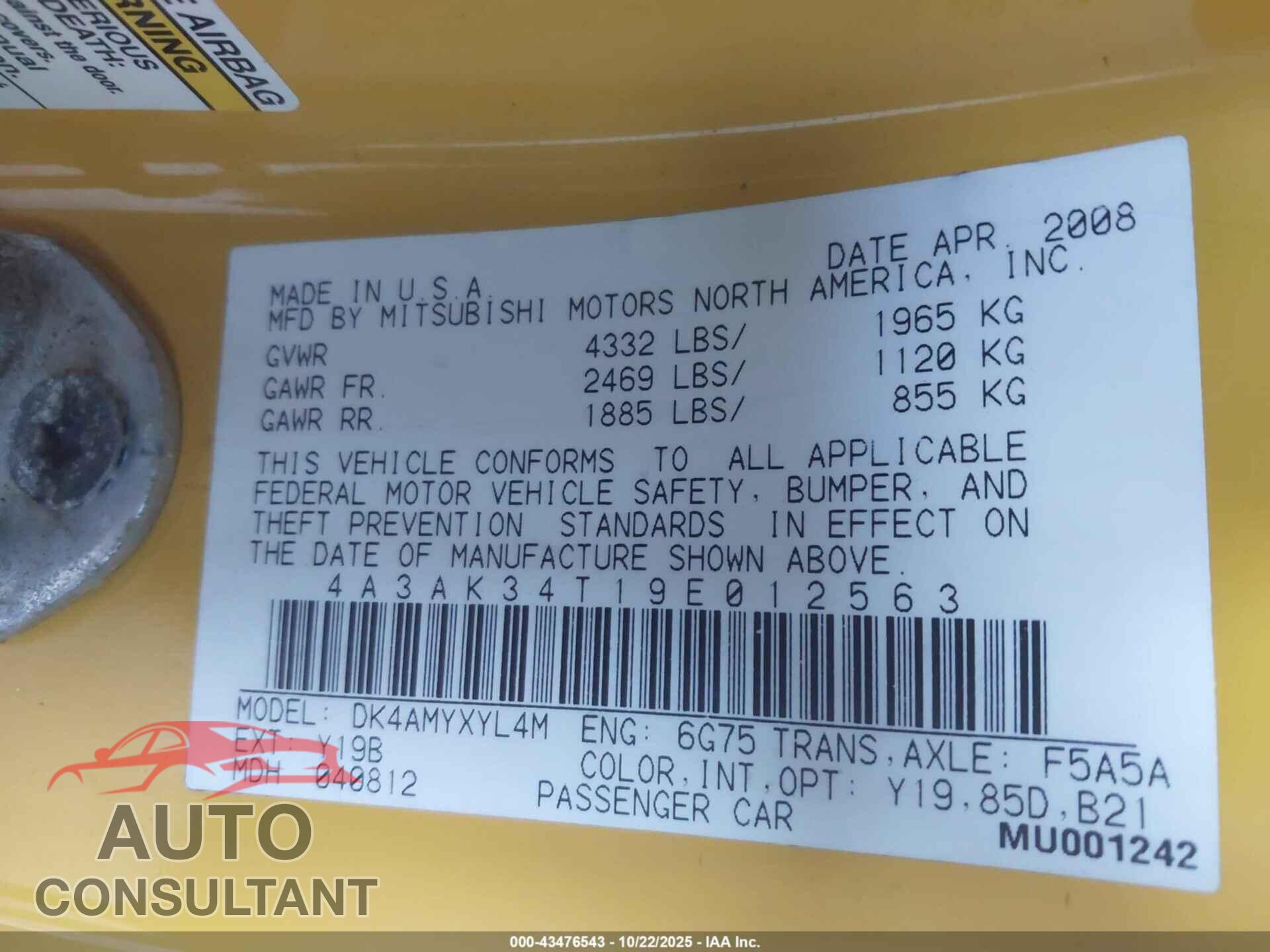 MITSUBISHI ECLIPSE 2009 - 4A3AK34T19E012563
