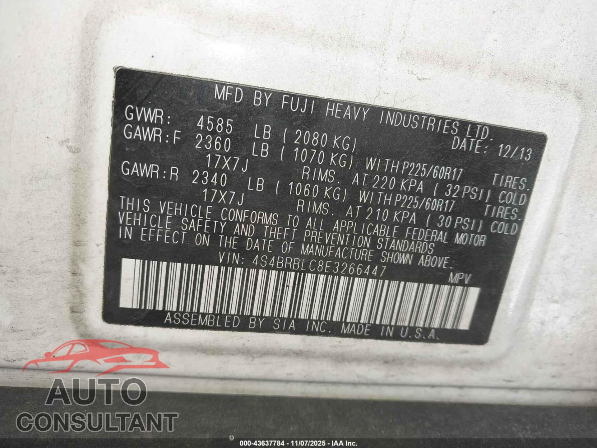 SUBARU OUTBACK 2014 - 4S4BRBLC8E3266447