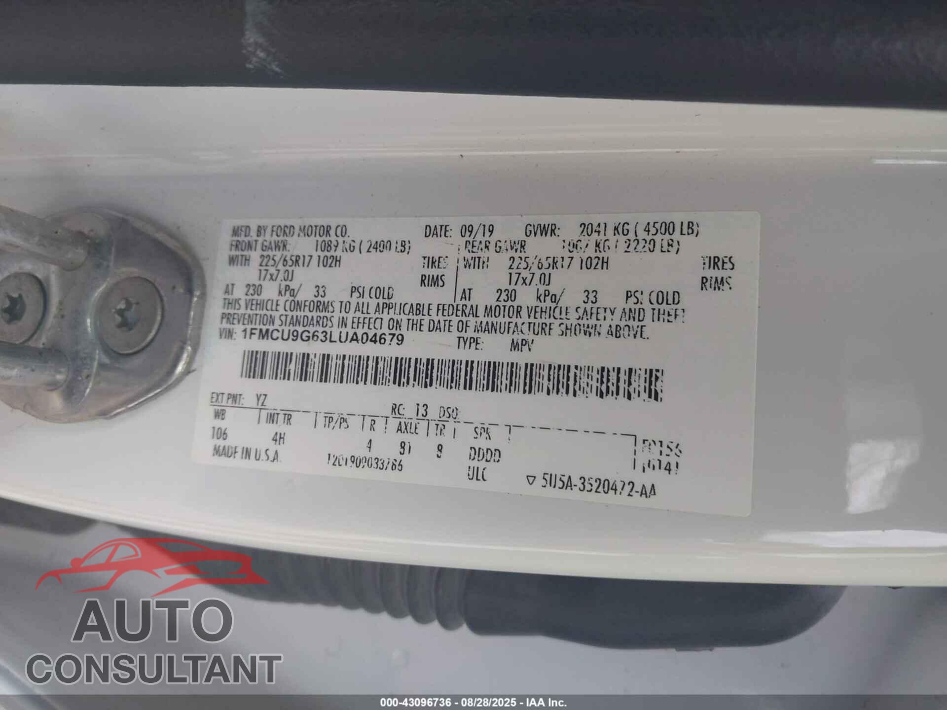 FORD ESCAPE 2020 - 1FMCU9G63LUA04679