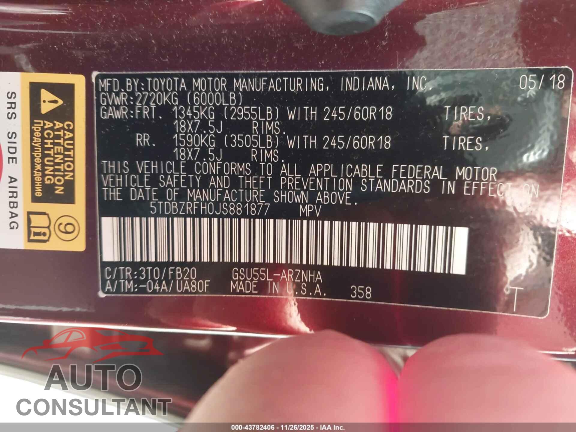 TOYOTA HIGHLANDER 2018 - 5TDBZRFH0JS881877