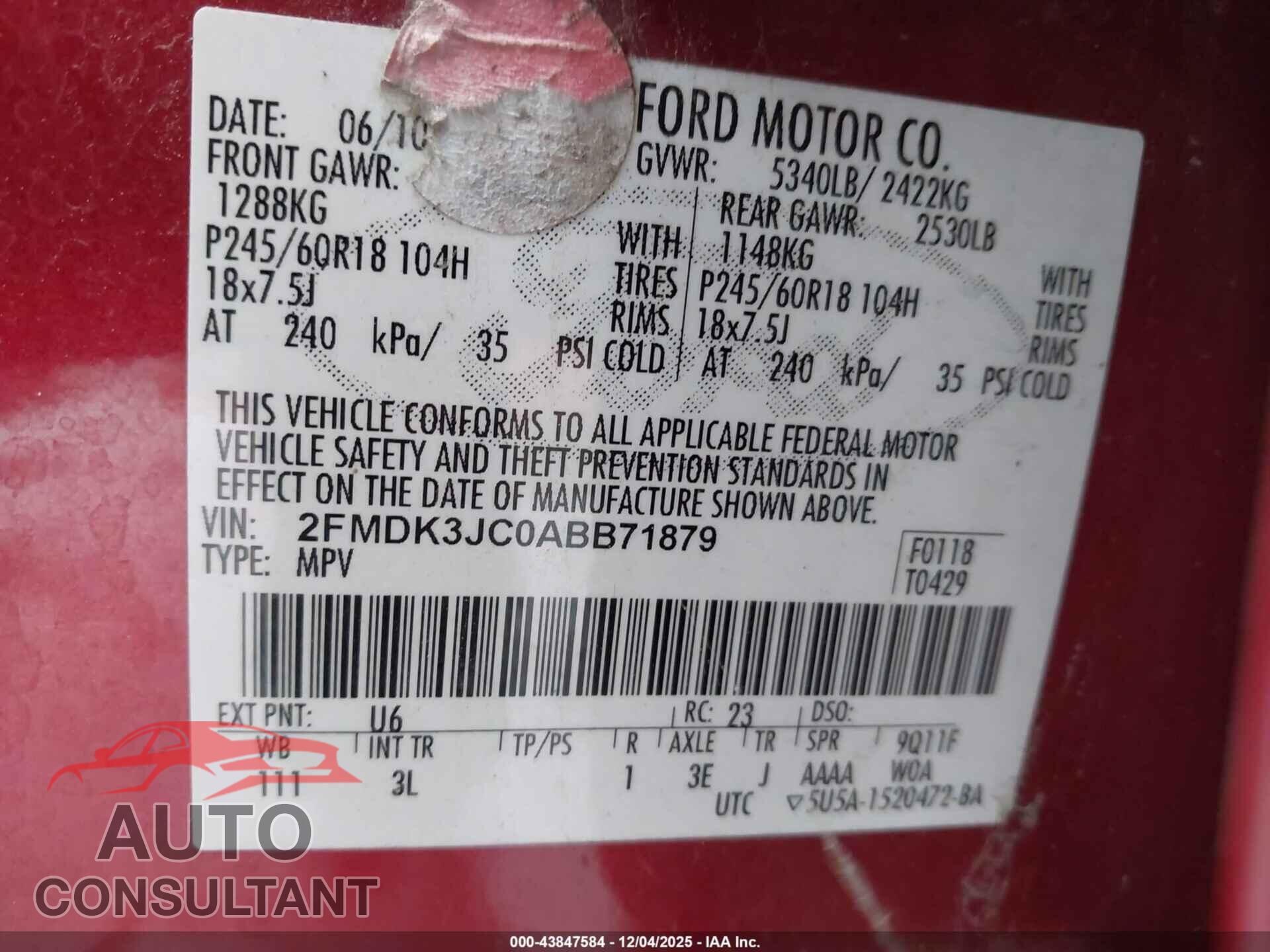 FORD EDGE 2010 - 2FMDK3JC0ABB71879