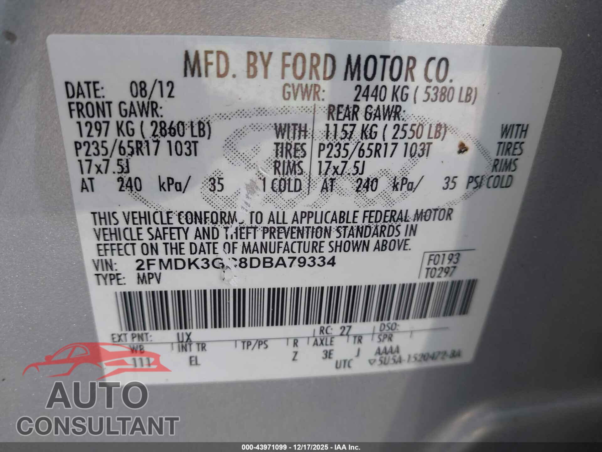 FORD EDGE 2013 - 2FMDK3GC8DBA79334