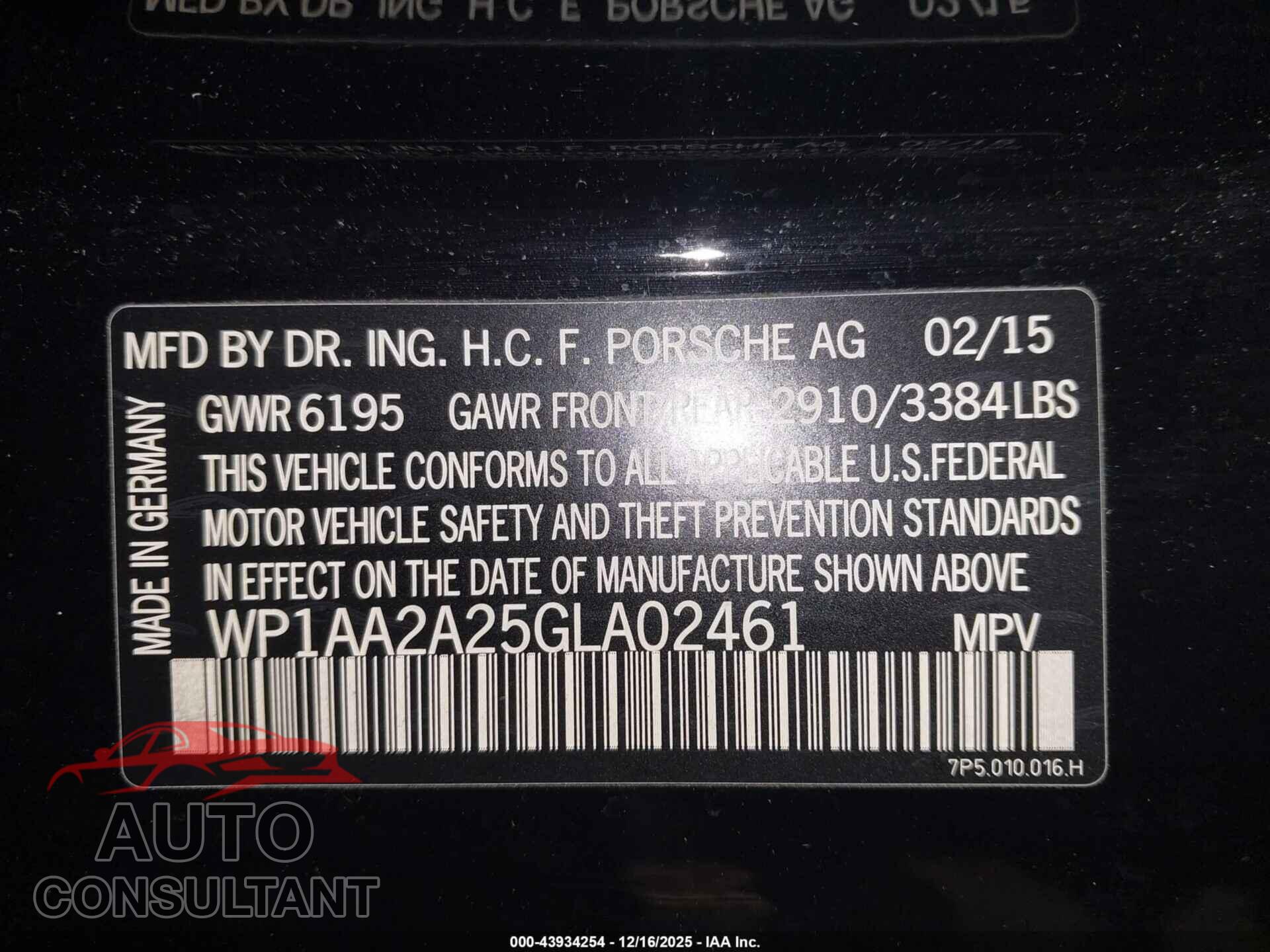 PORSCHE CAYENNE 2016 - WP1AA2A25GLA02461