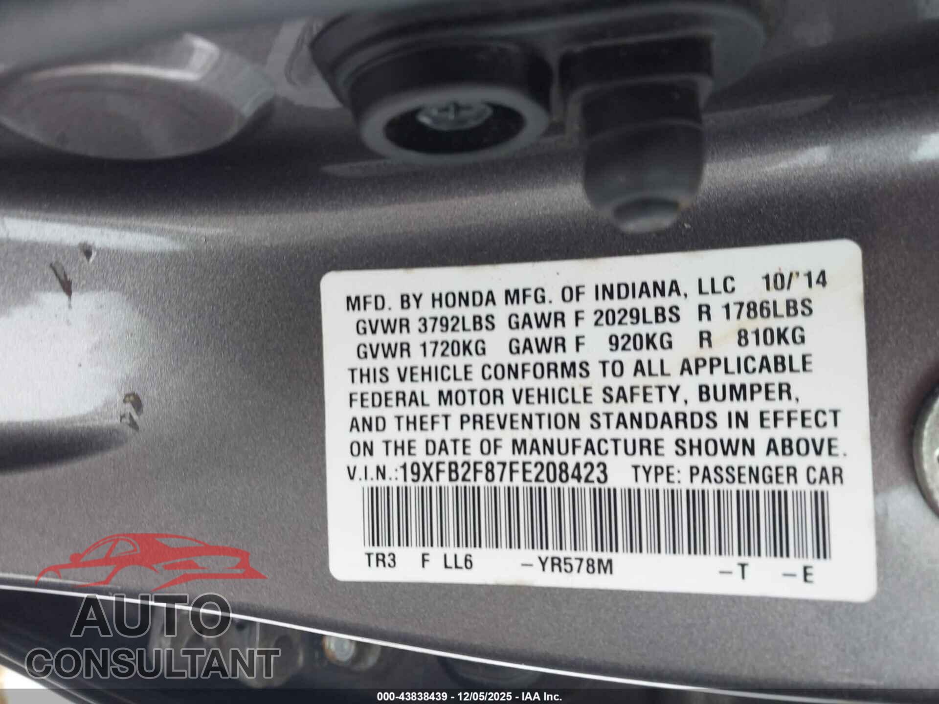 HONDA CIVIC 2015 - 19XFB2F87FE208423