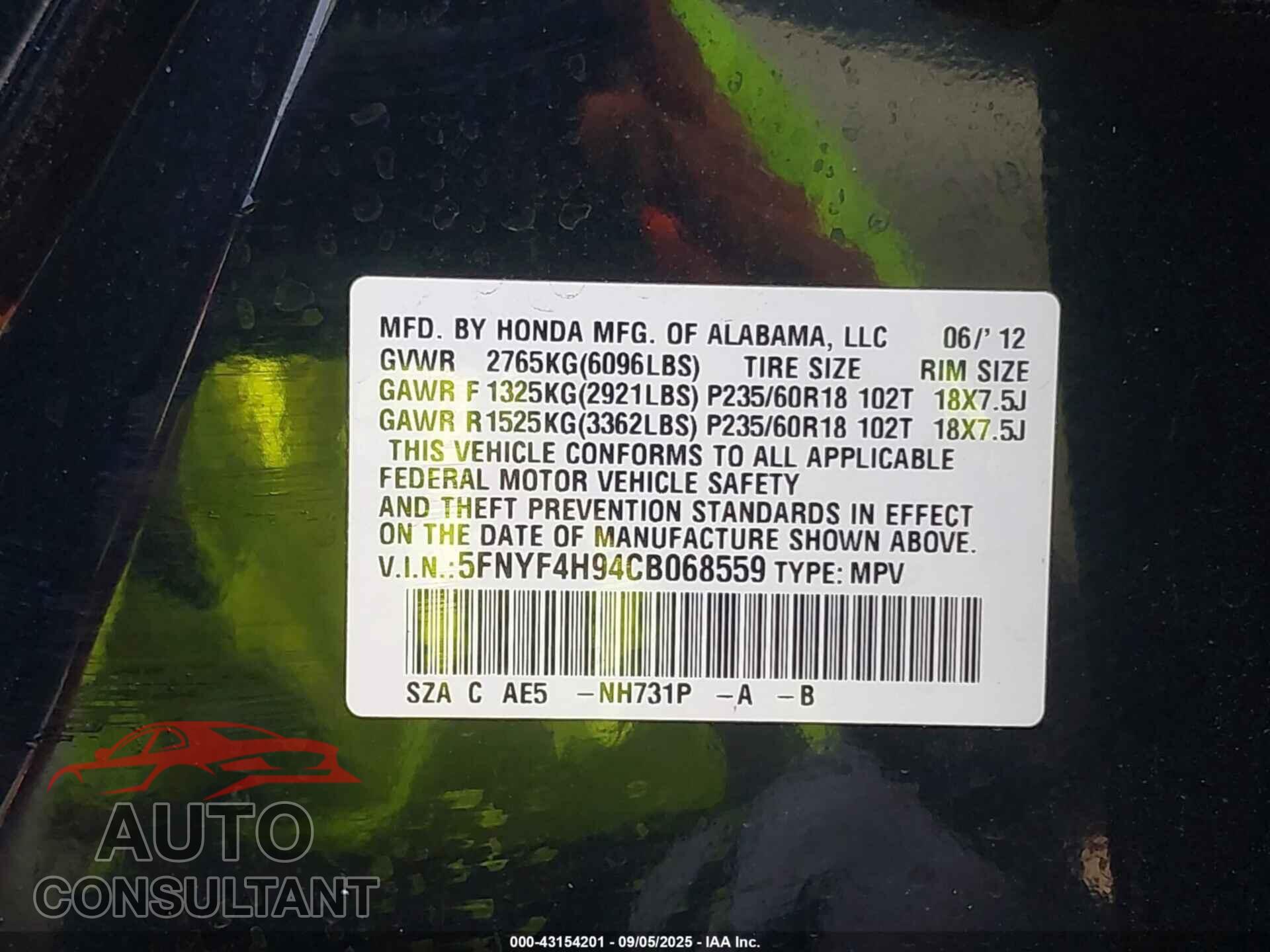 HONDA PILOT 2012 - 5FNYF4H94CB068559