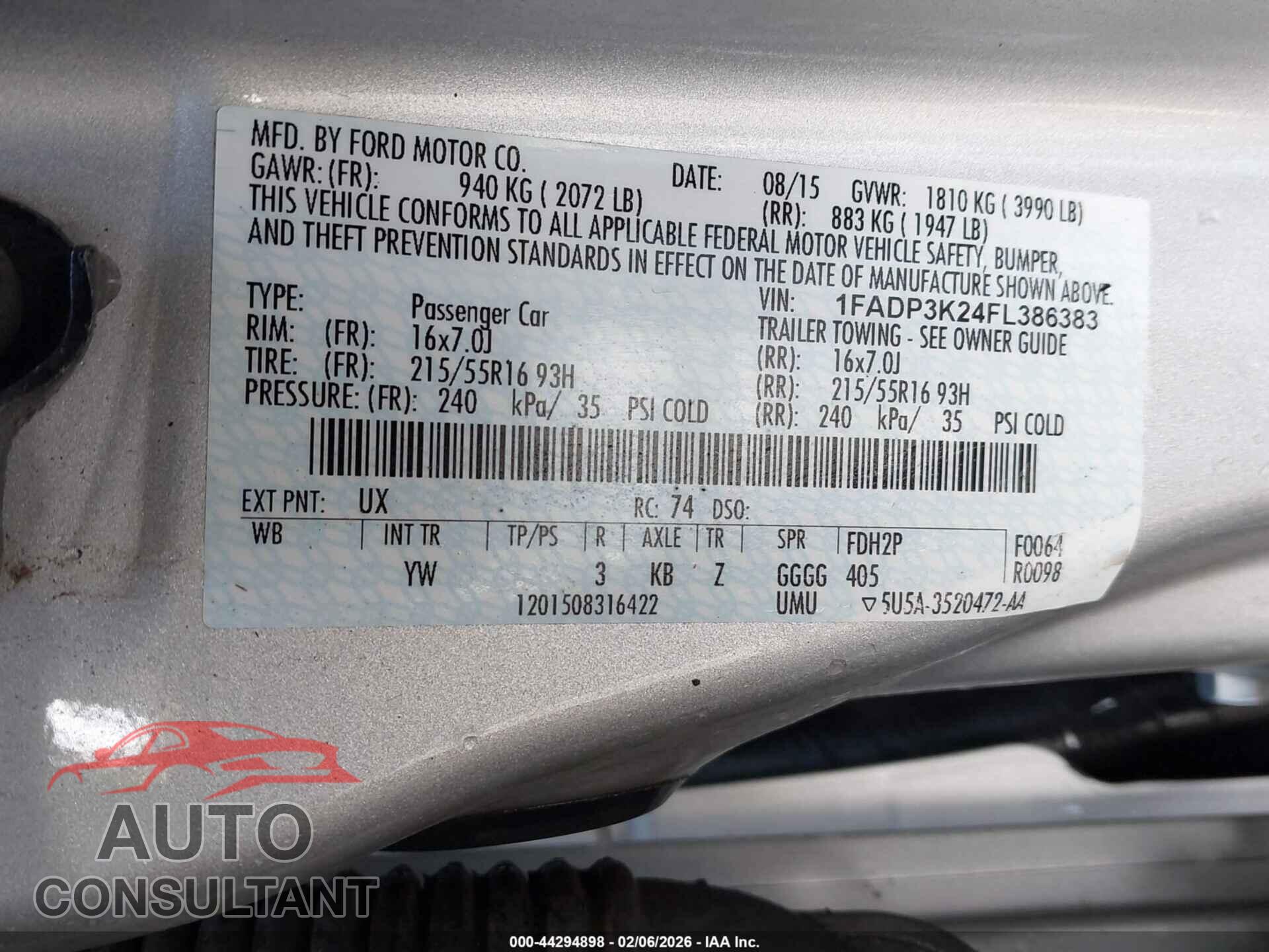 FORD FOCUS 2015 - 1FADP3K24FL386383