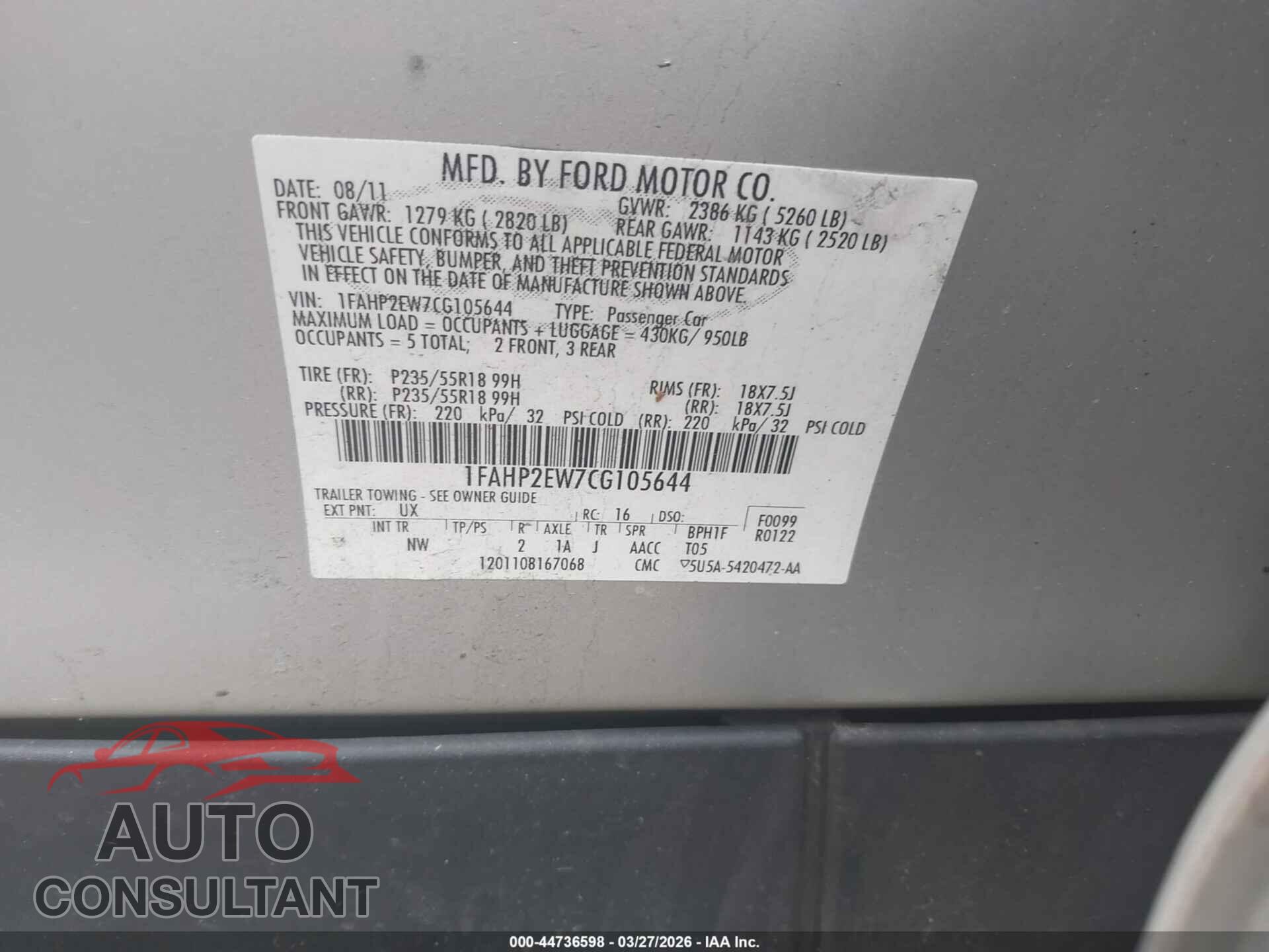 FORD TAURUS 2012 - 1FAHP2EW7CG105644