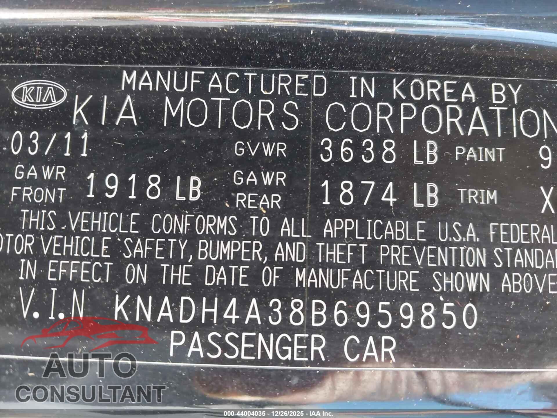 KIA RIO 2011 - KNADH4A38B6959850