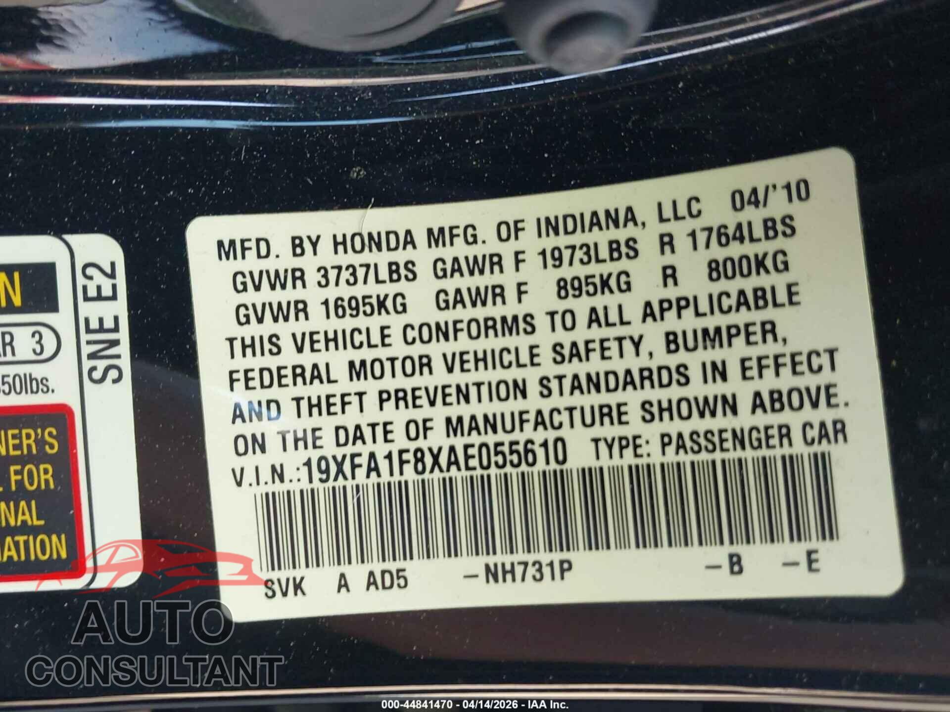 HONDA CIVIC 2010 - 19XFA1F8XAE055610
