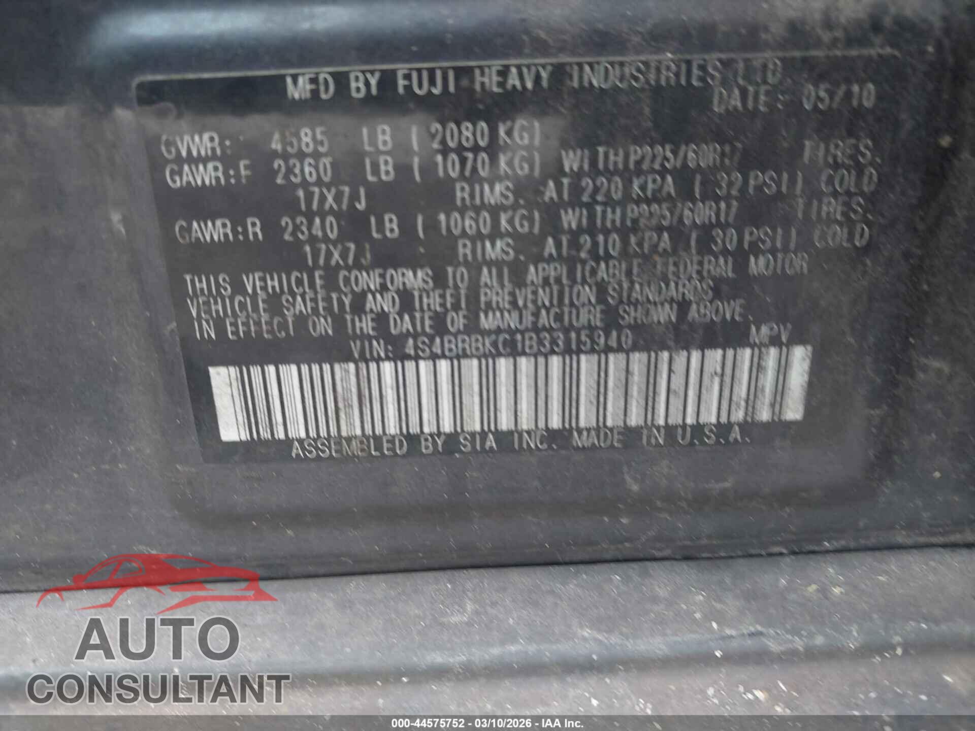 SUBARU OUTBACK 2011 - 4S4BRBKC1B3315940
