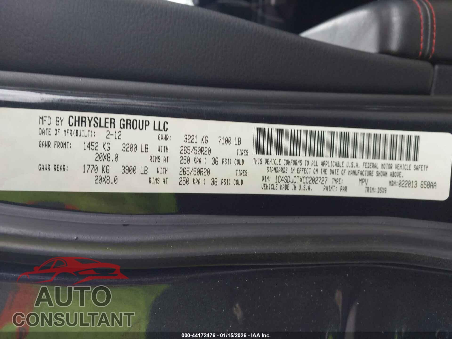 DODGE DURANGO 2012 - 1C4SDJCTXCC202727