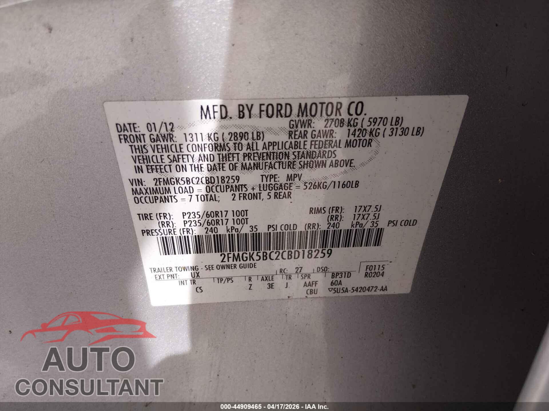 FORD FLEX 2012 - 2FMGK5BC2CBD18259