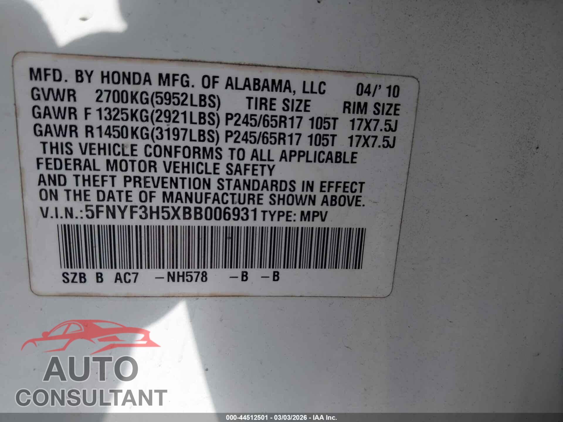HONDA PILOT 2011 - 5FNYF3H5XBB006931