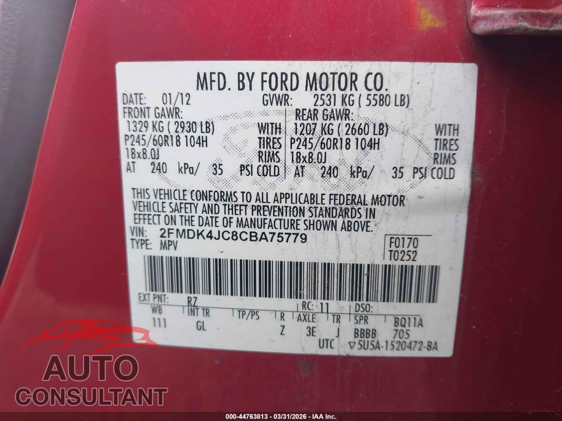 FORD EDGE 2012 - 2FMDK4JC8CBA75779