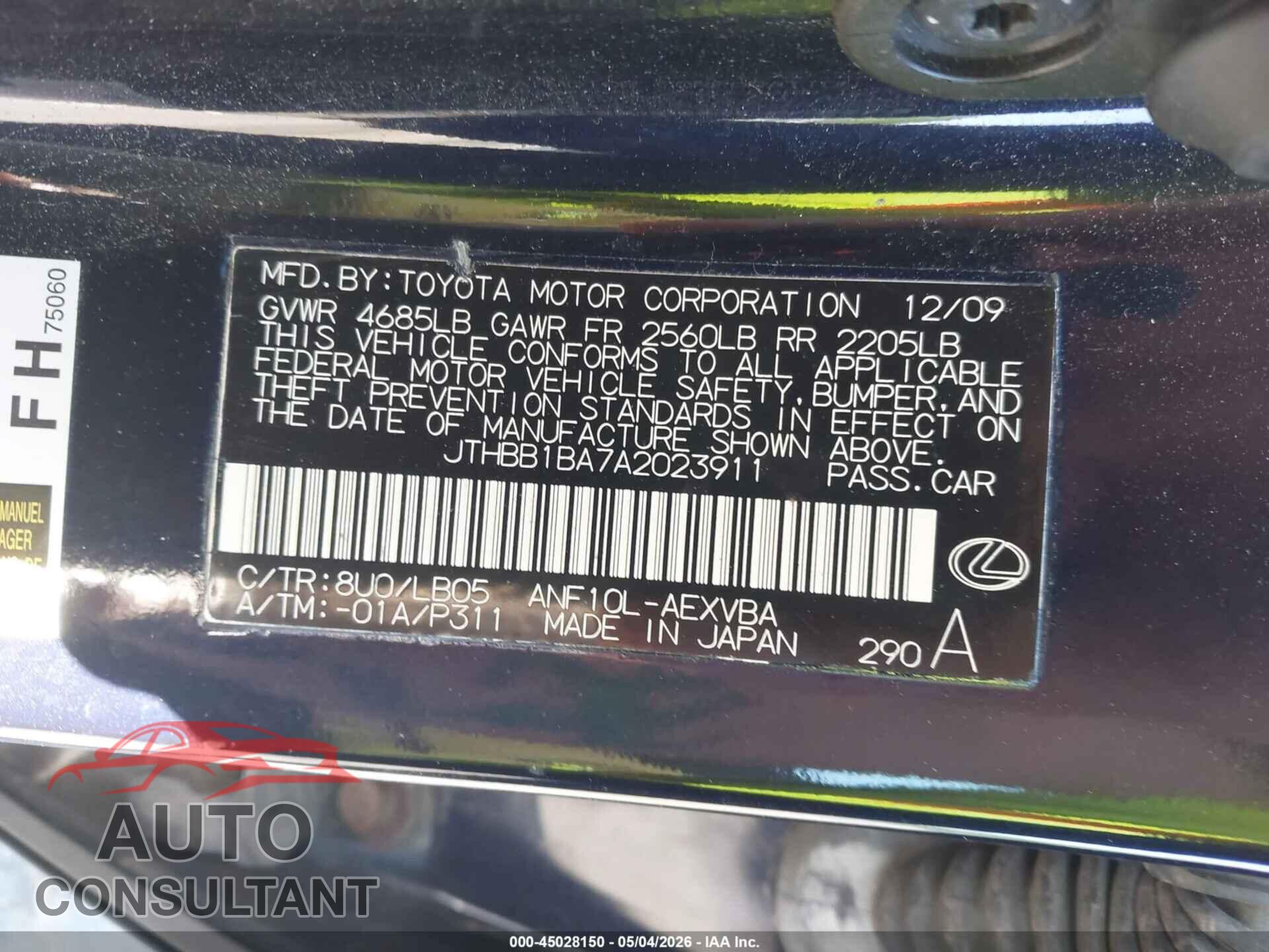 LEXUS HS 250H 2010 - JTHBB1BA7A2023911