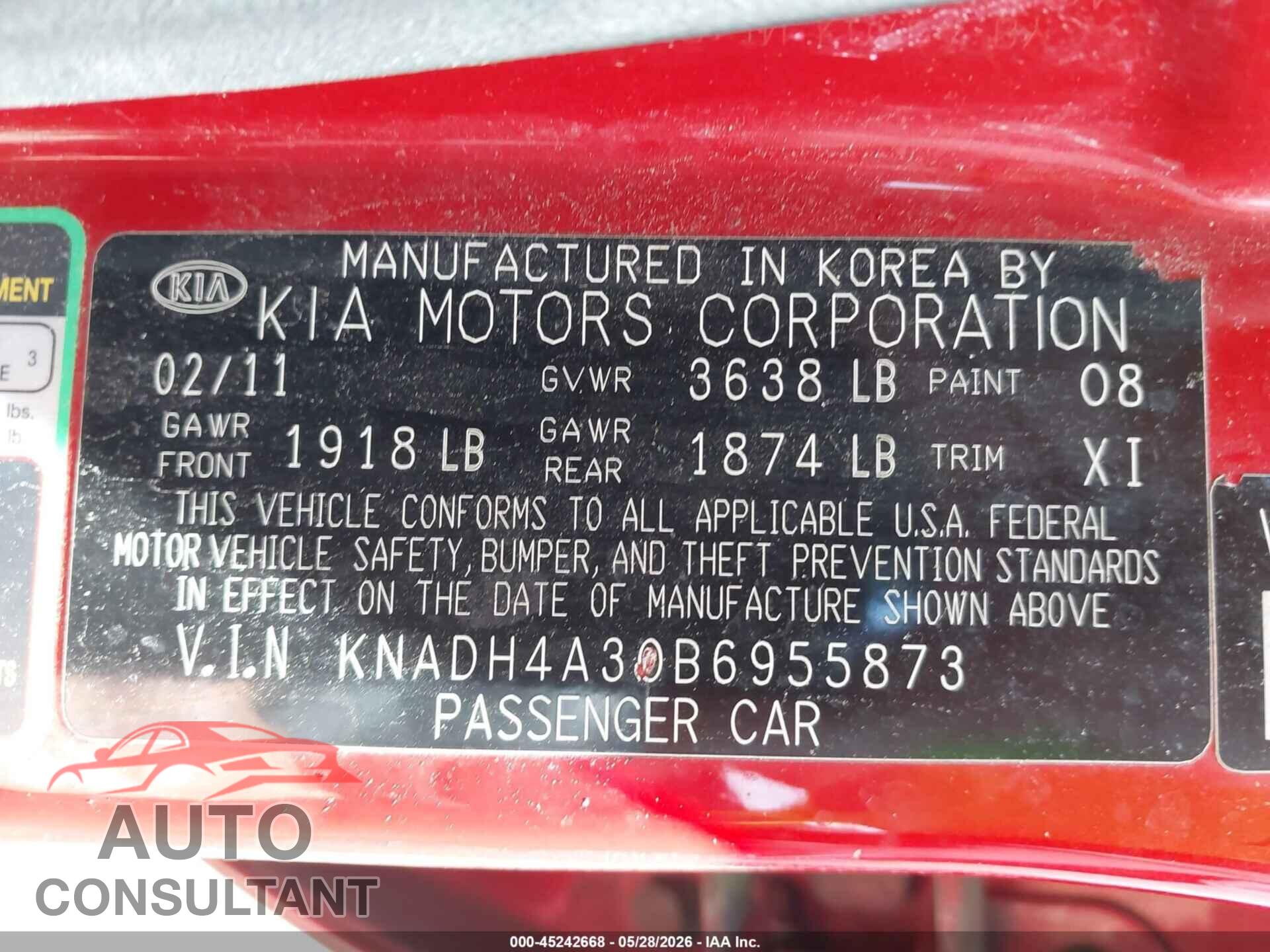 KIA RIO 2011 - KNADH4A30B6955873