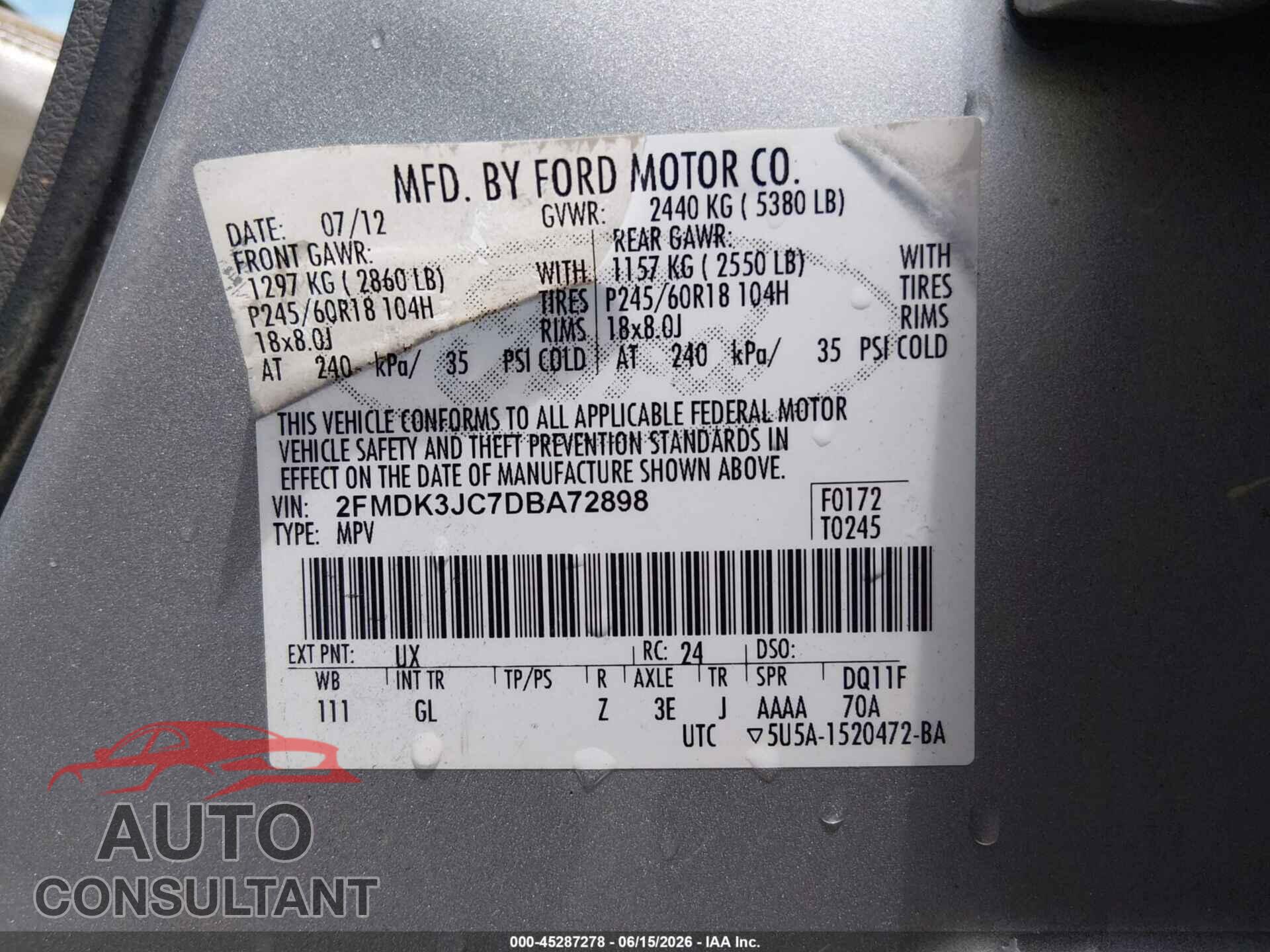 FORD EDGE 2013 - 2FMDK3JC7DBA72898