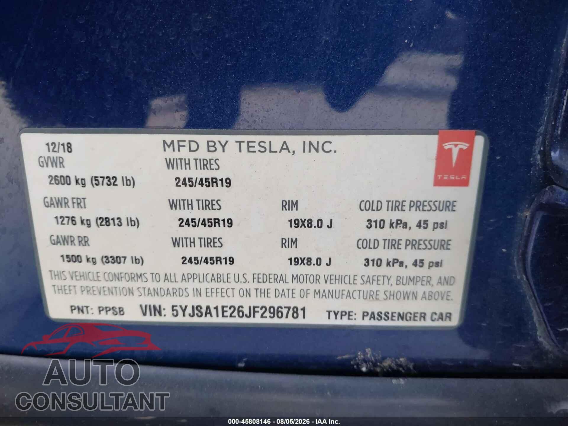 TESLA MODEL S 2018 - 5YJSA1E26JF296781