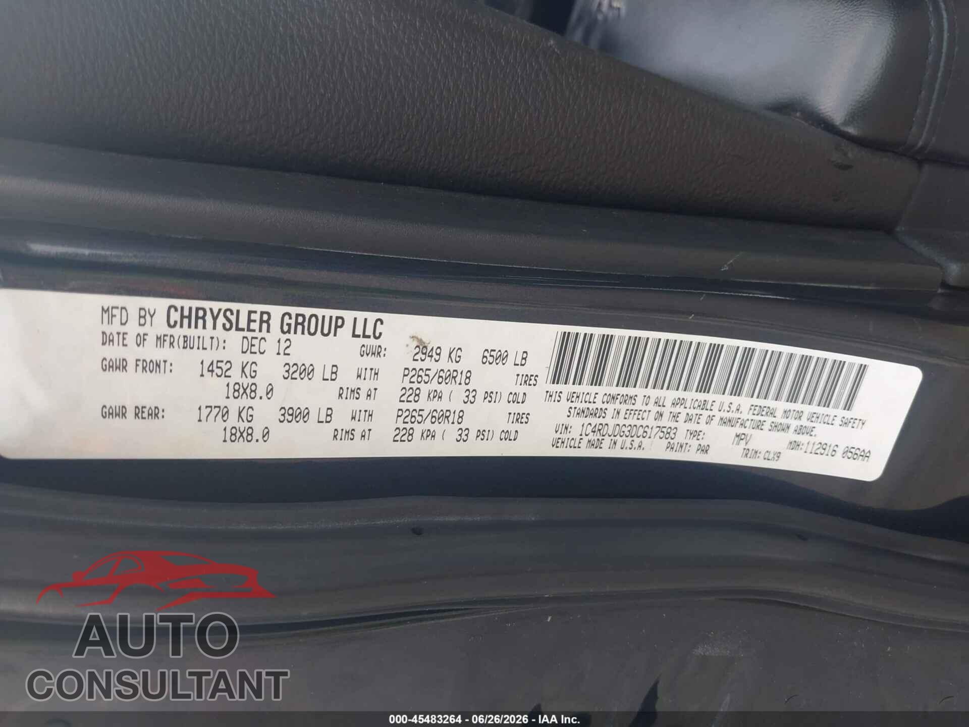 DODGE DURANGO 2013 - 1C4RDJDG3DC617583