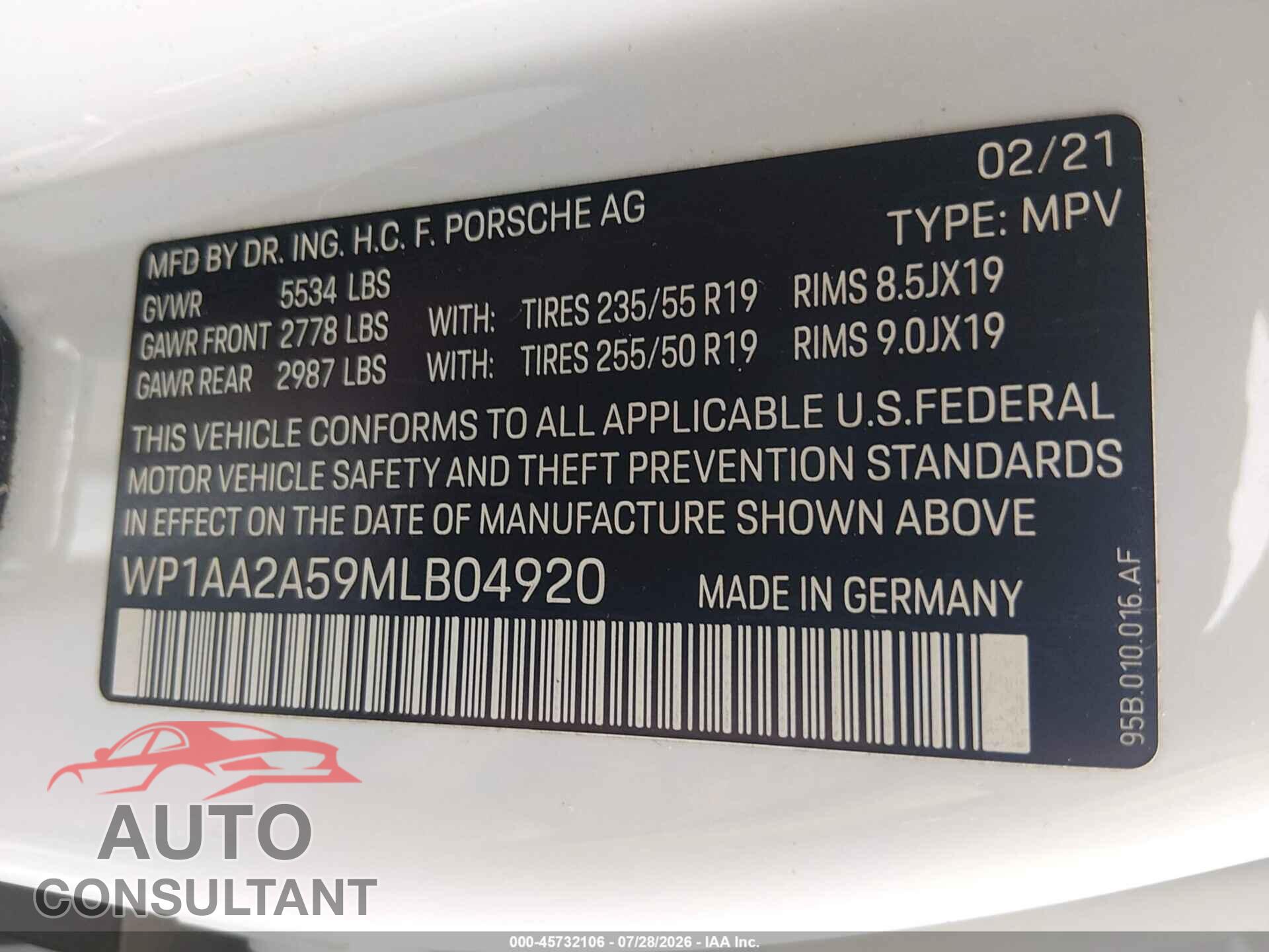 PORSCHE MACAN 2021 - WP1AA2A59MLB04920