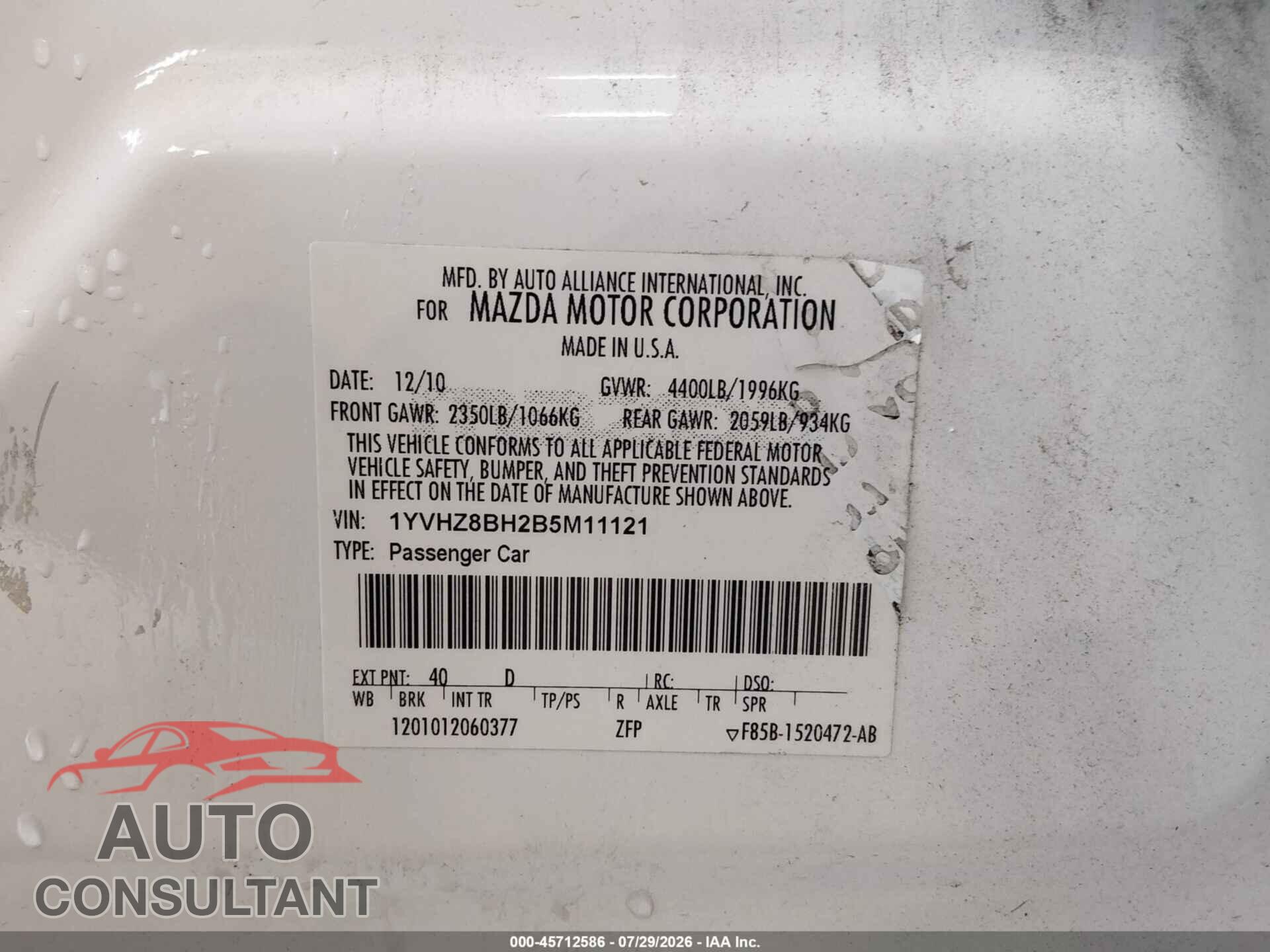 MAZDA MAZDA6 2011 - 1YVHZ8BH2B5M11121