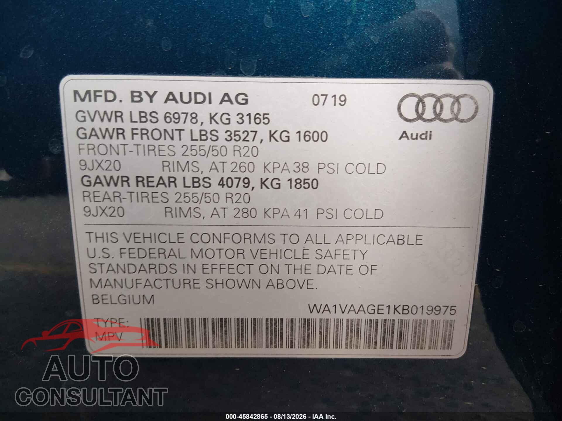 AUDI E-TRON 2019 - WA1VAAGE1KB019975