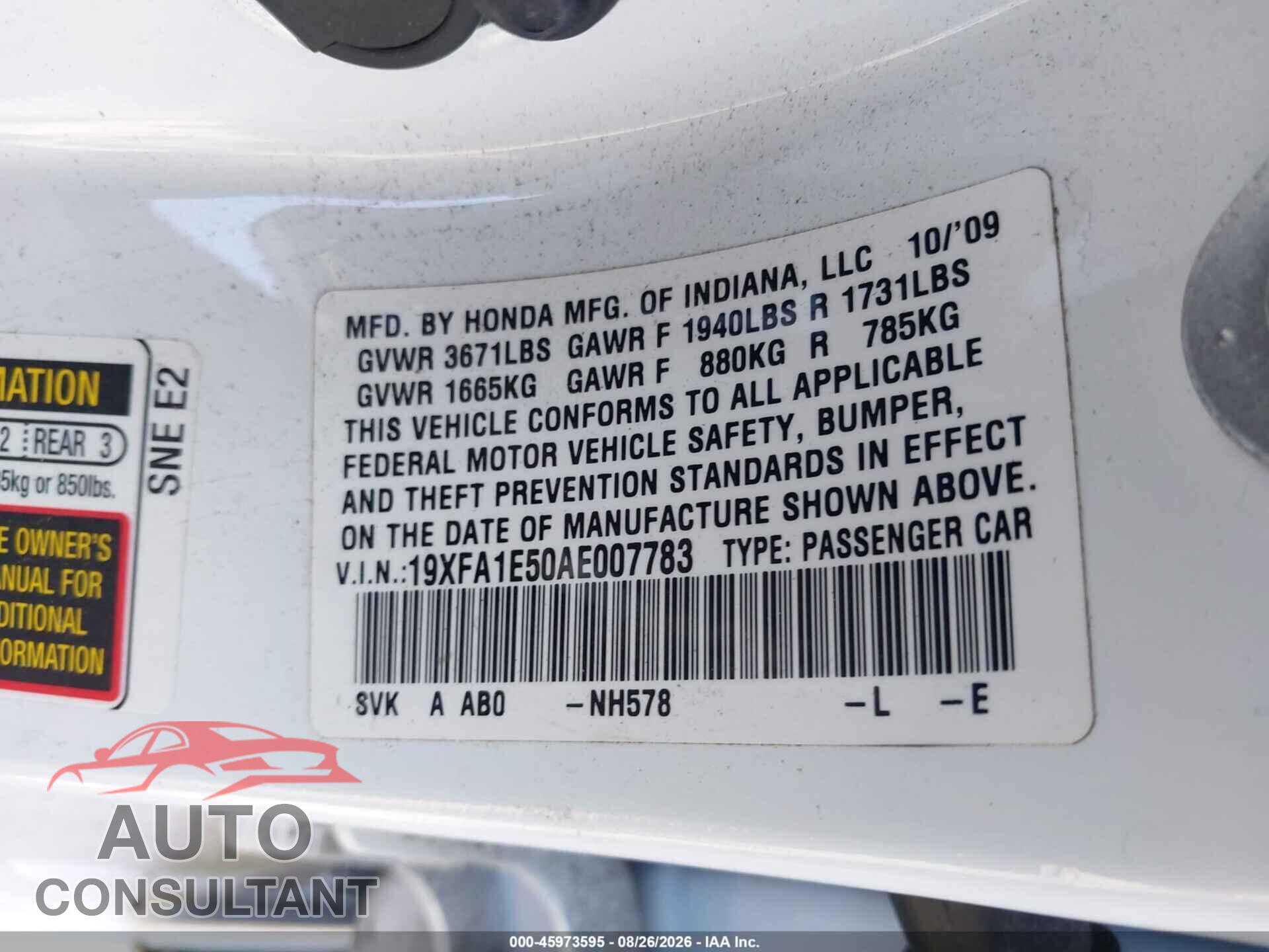 HONDA CIVIC 2010 - 19XFA1E50AE007783