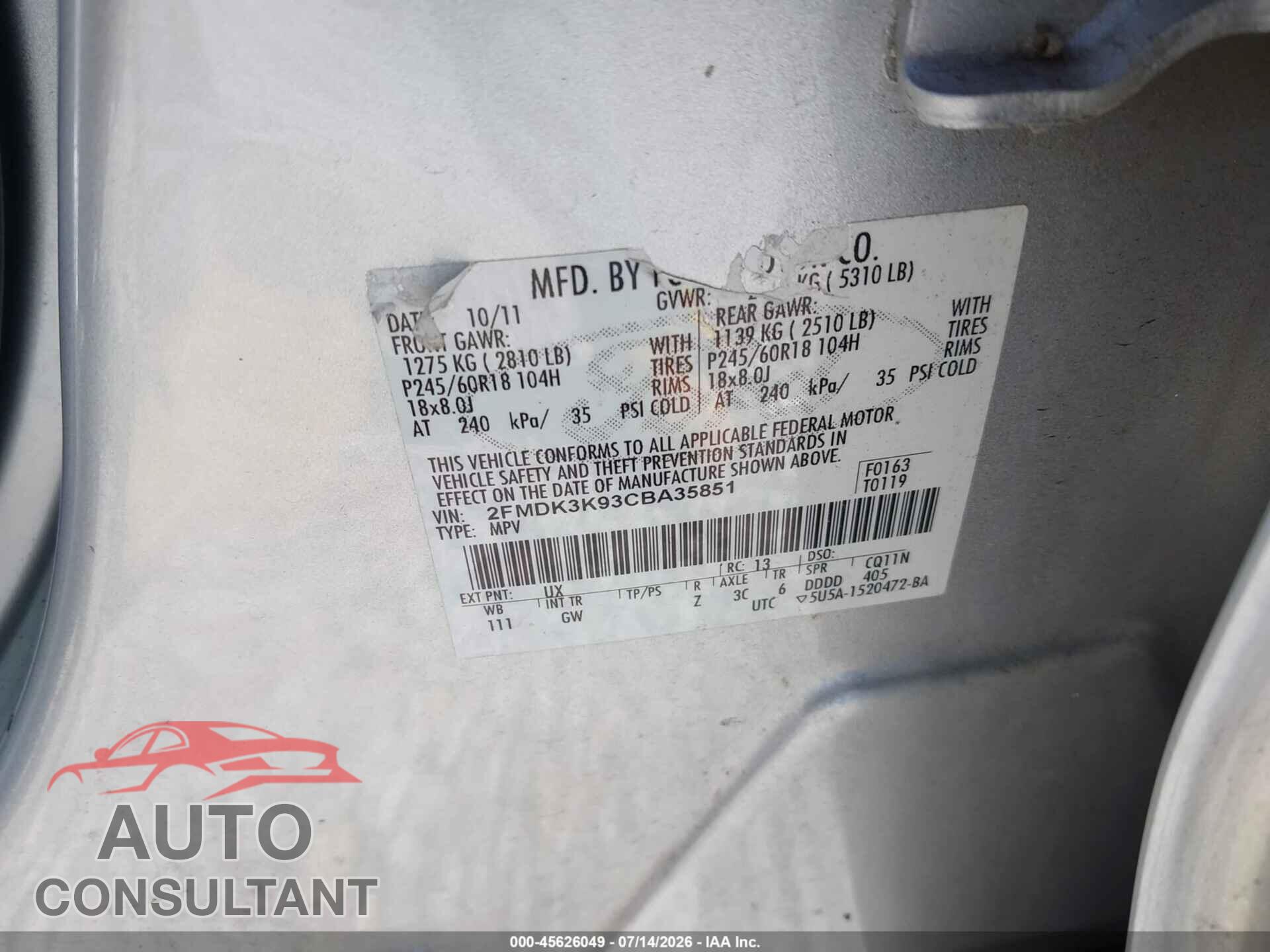FORD EDGE 2012 - 2FMDK3K93CBA35851