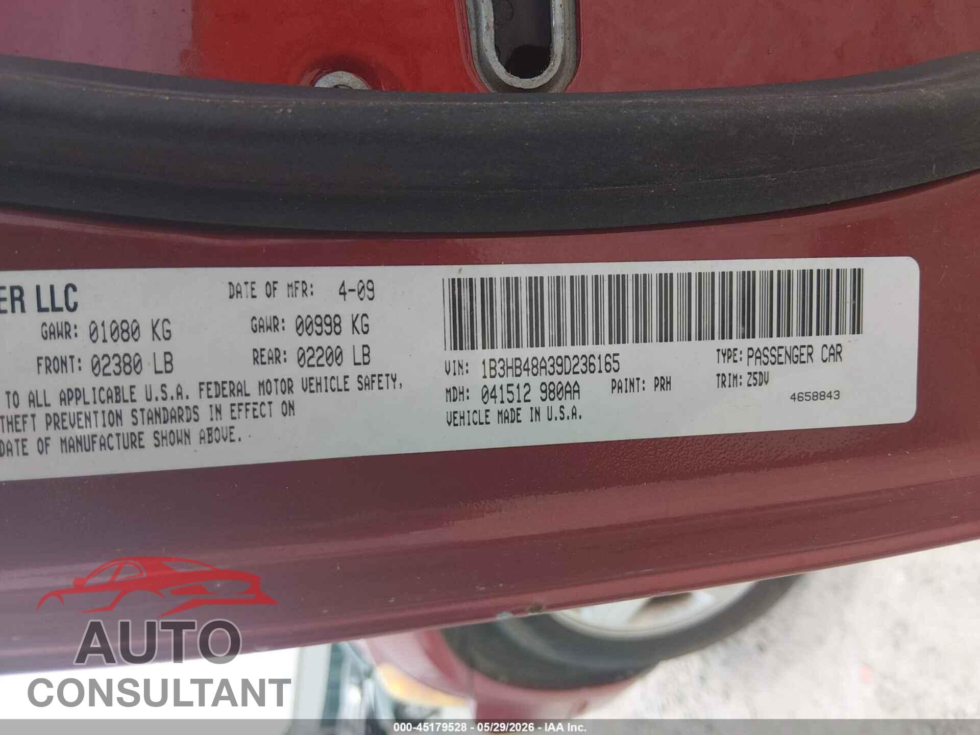 DODGE CALIBER 2009 - 1B3HB48A39D236165