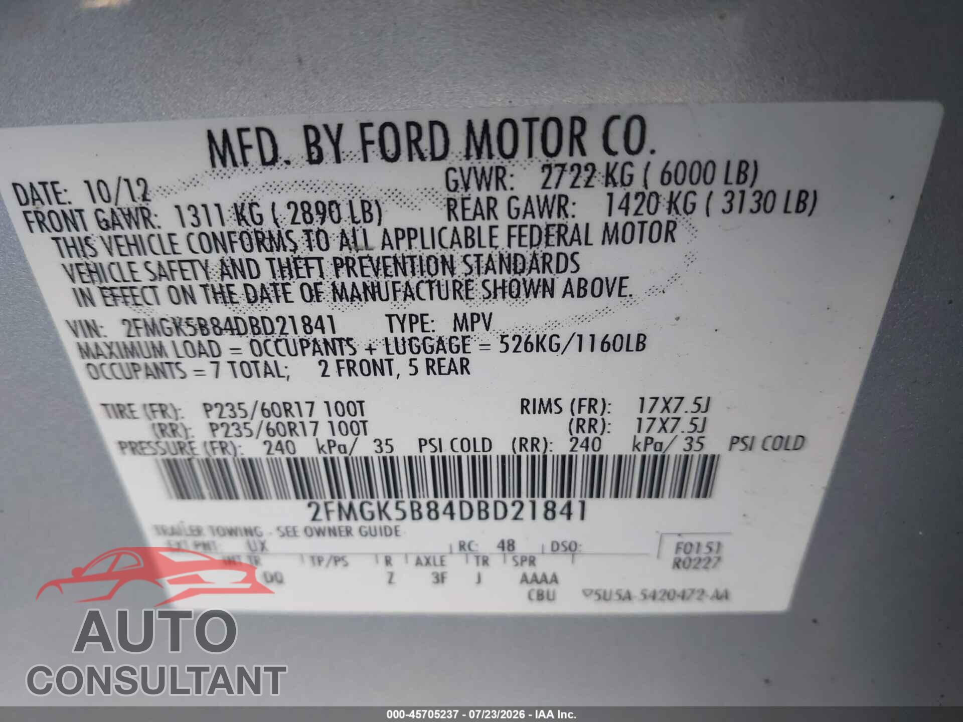 FORD FLEX 2013 - 2FMGK5B84DBD21841