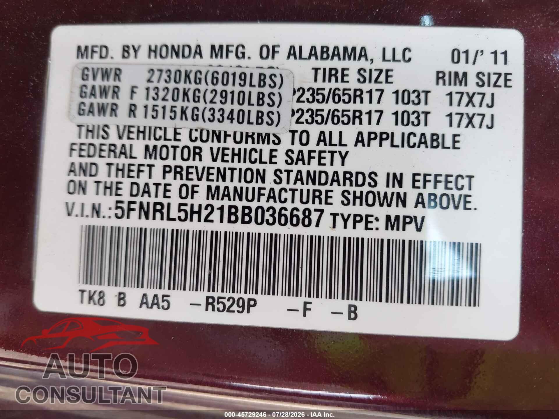 HONDA ODYSSEY 2011 - 5FNRL5H21BB036687