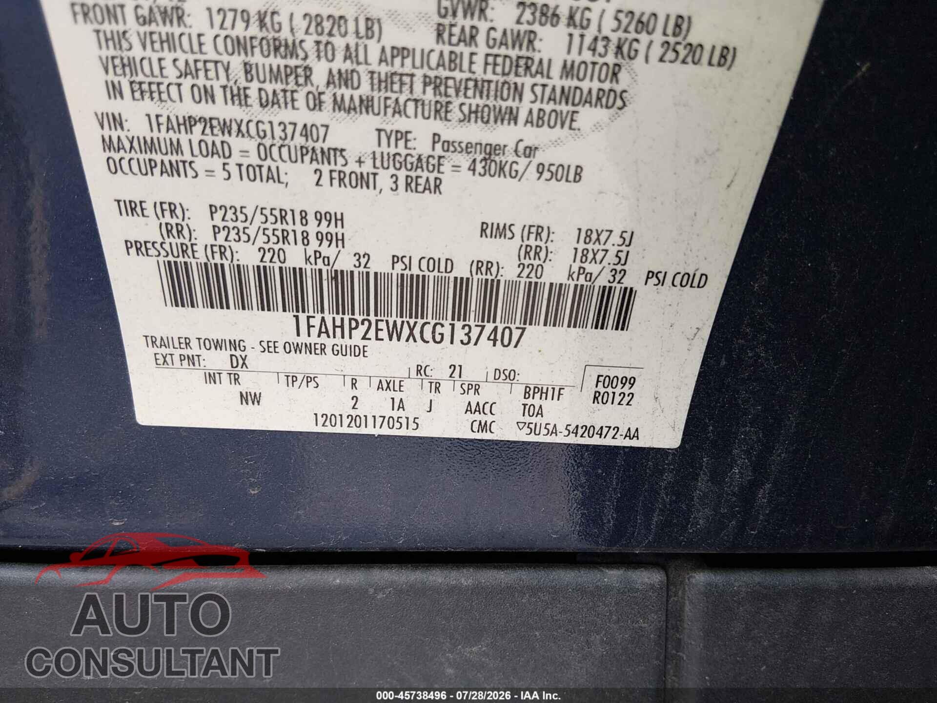FORD TAURUS 2012 - 1FAHP2EWXCG137407