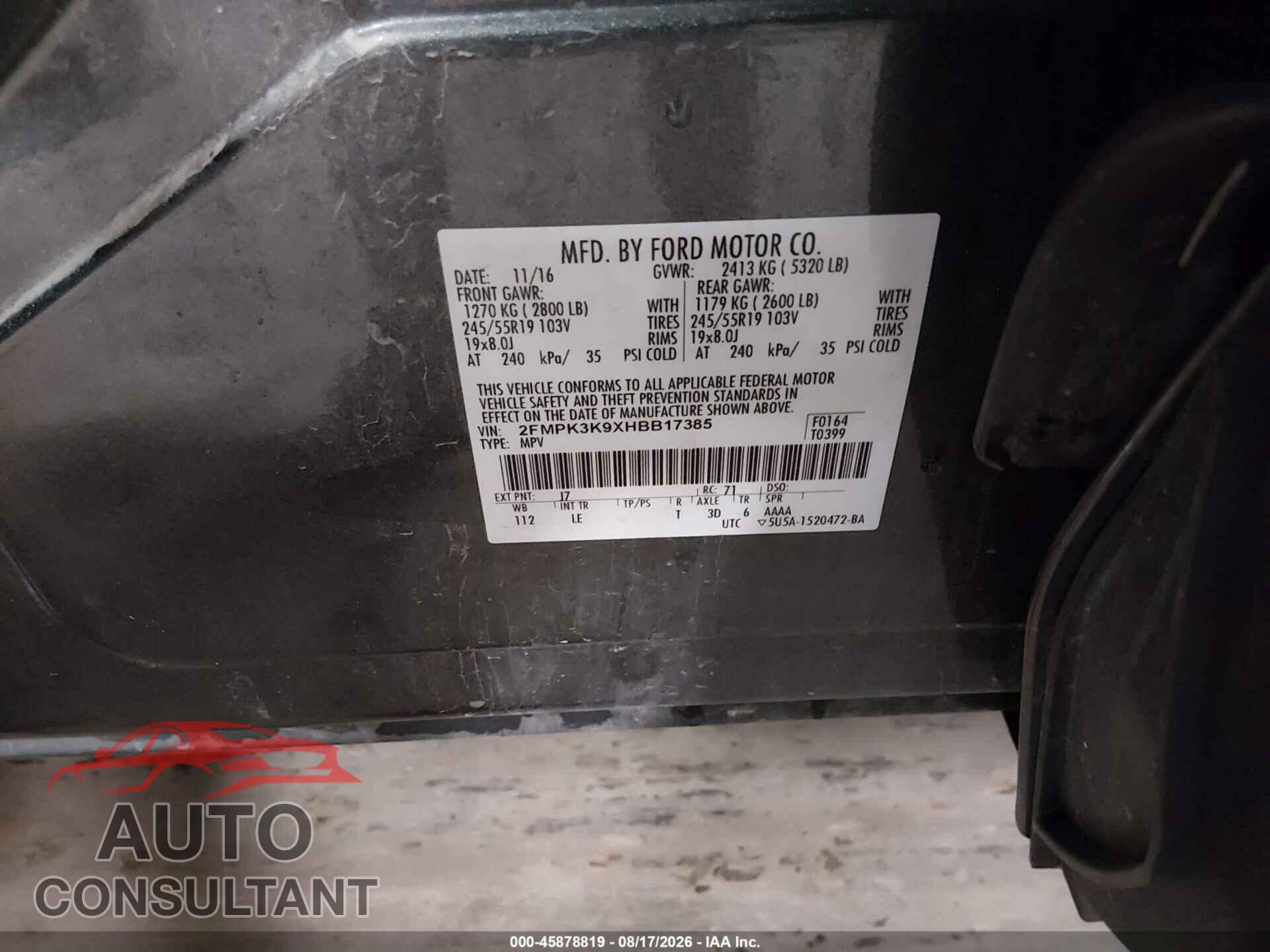 FORD EDGE 2017 - 2FMPK3K9XHBB17385