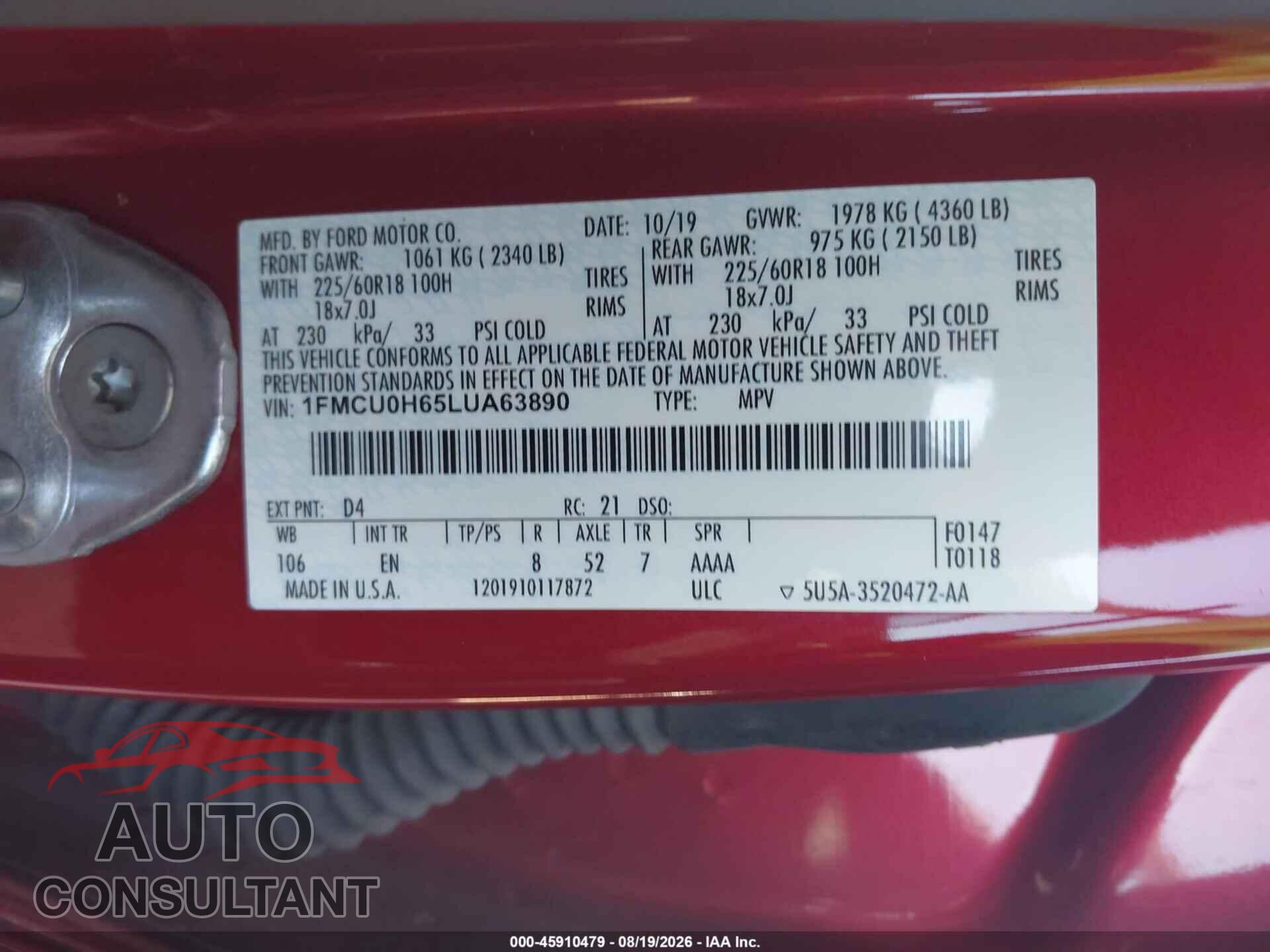 FORD ESCAPE 2020 - 1FMCU0H65LUA63890