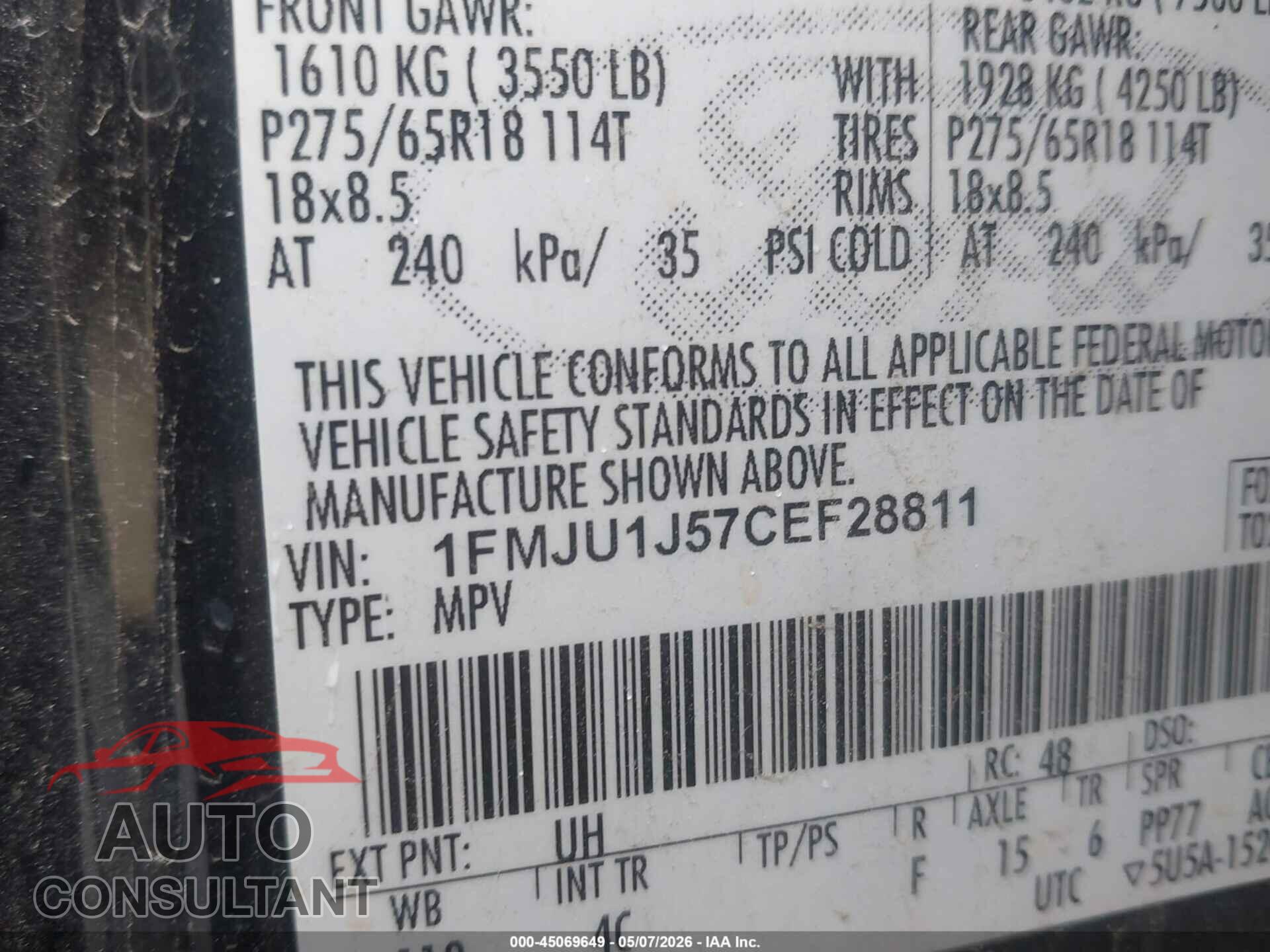 FORD EXPEDITION 2012 - 1FMJU1J57CEF28811