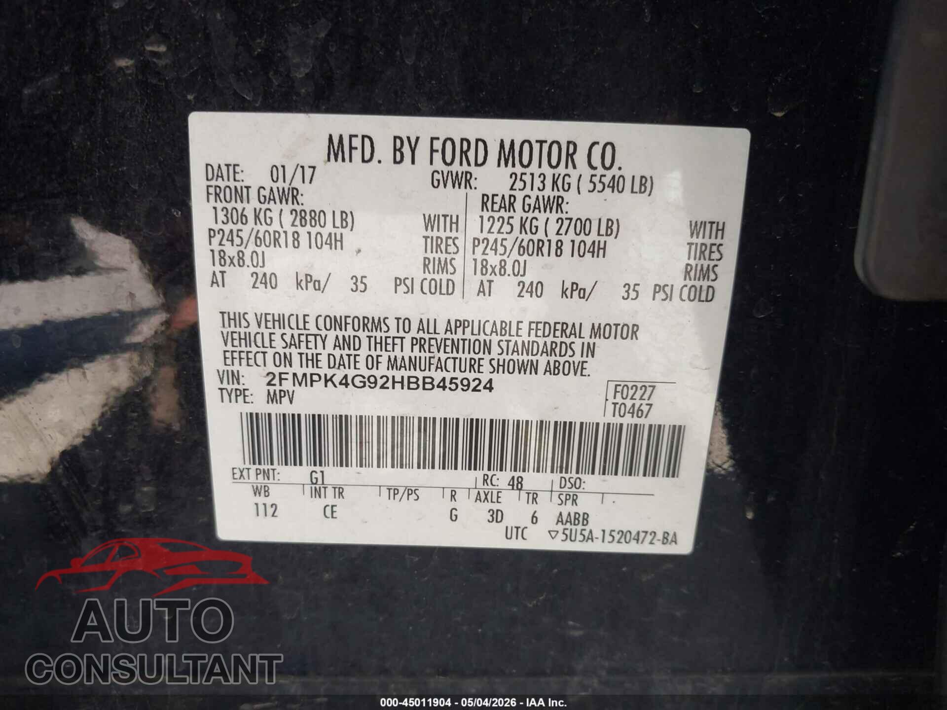 FORD EDGE 2017 - 2FMPK4G92HBB45924