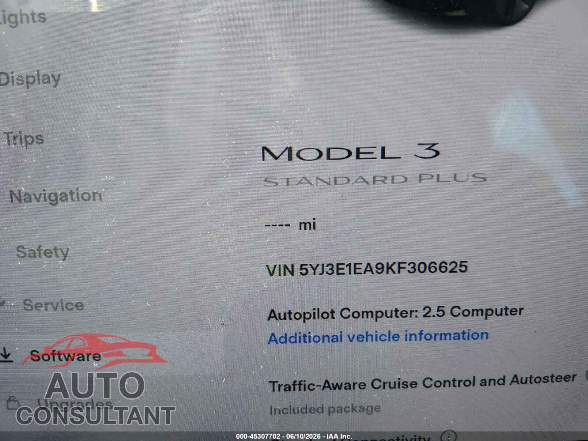 TESLA MODEL 3 2019 - 5YJ3E1EA9KF306625
