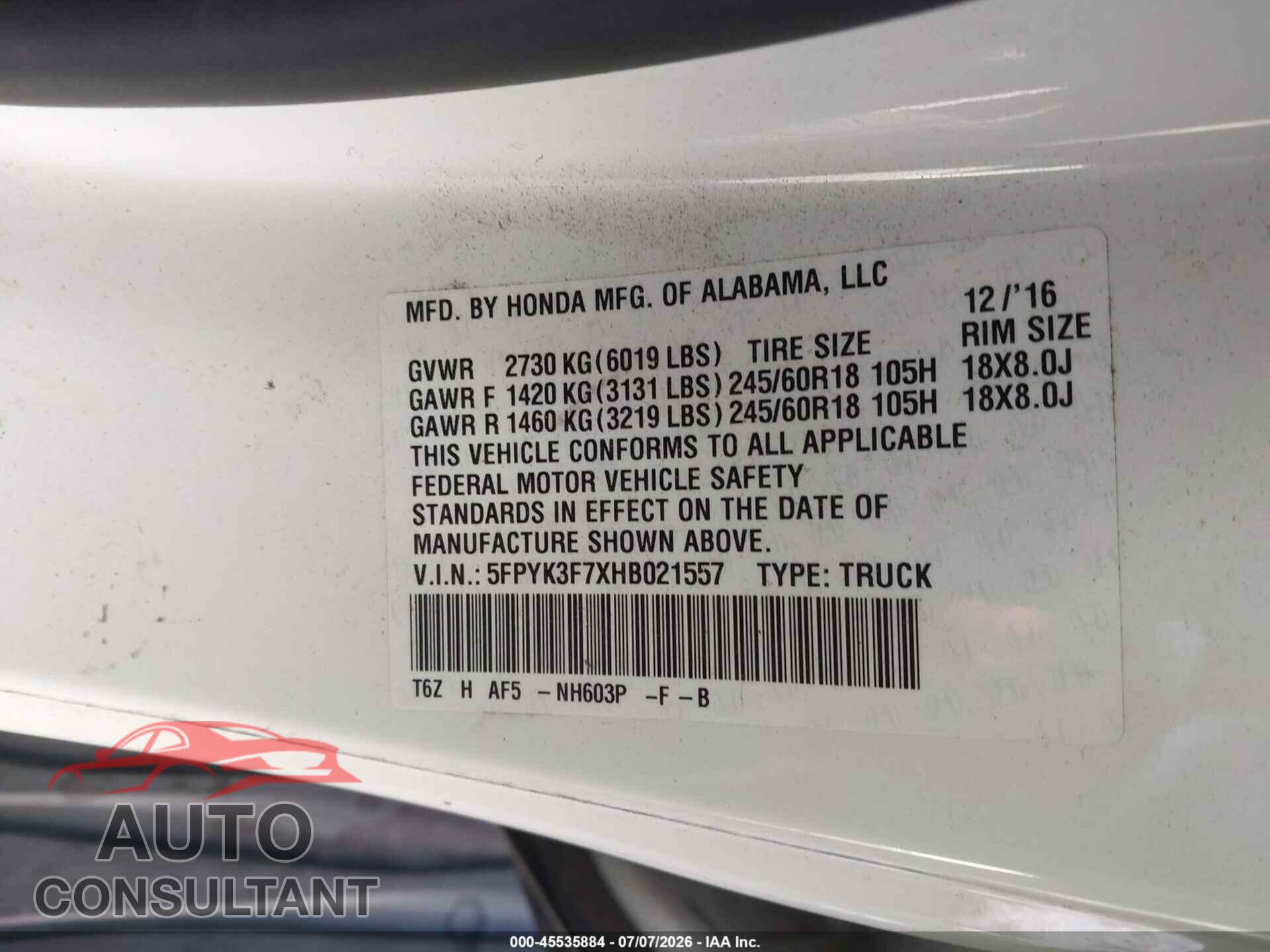 HONDA RIDGELINE 2017 - 5FPYK3F7XHB021557